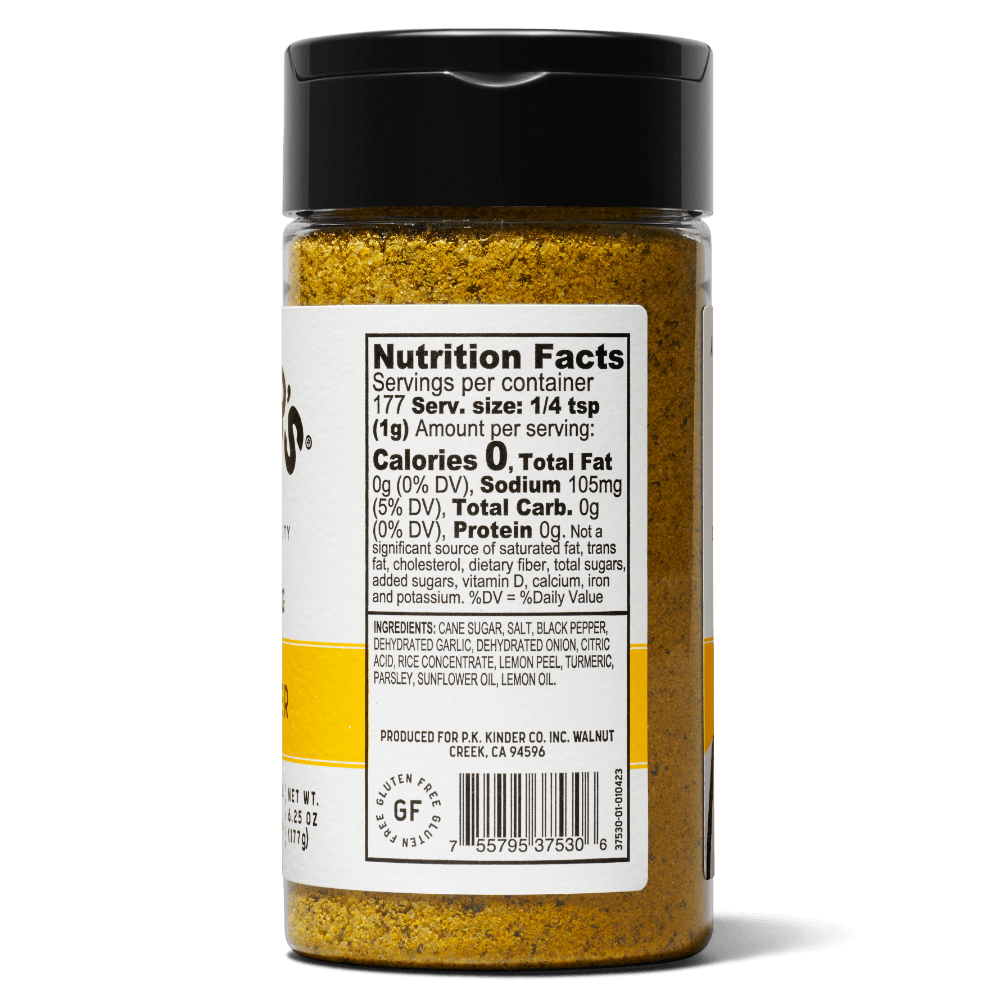 Plastic spice jar with yellow seasoning, nutrition facts and ingredients label visible
