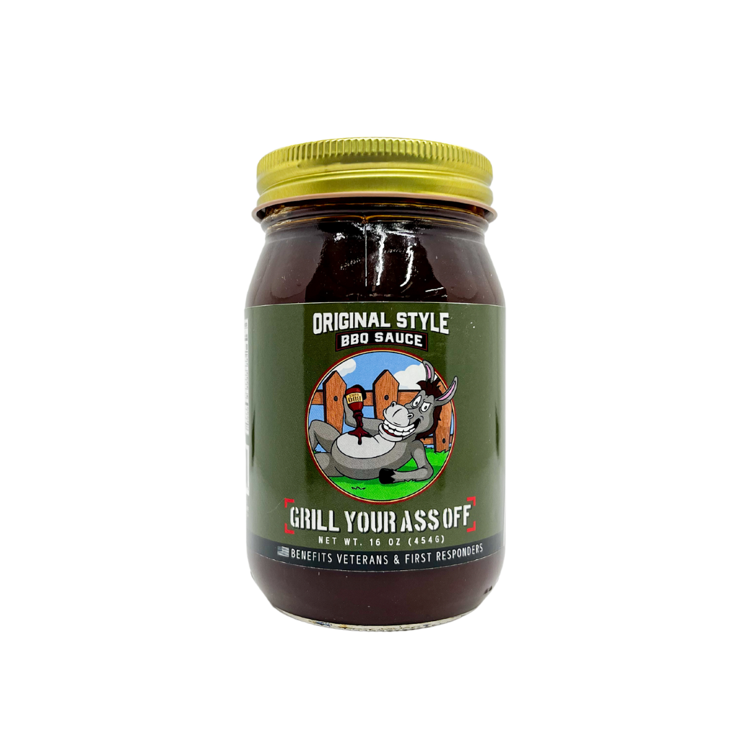 Original Style BBQ sauce jar with green label, yellow lid, and bull cartoon illustration