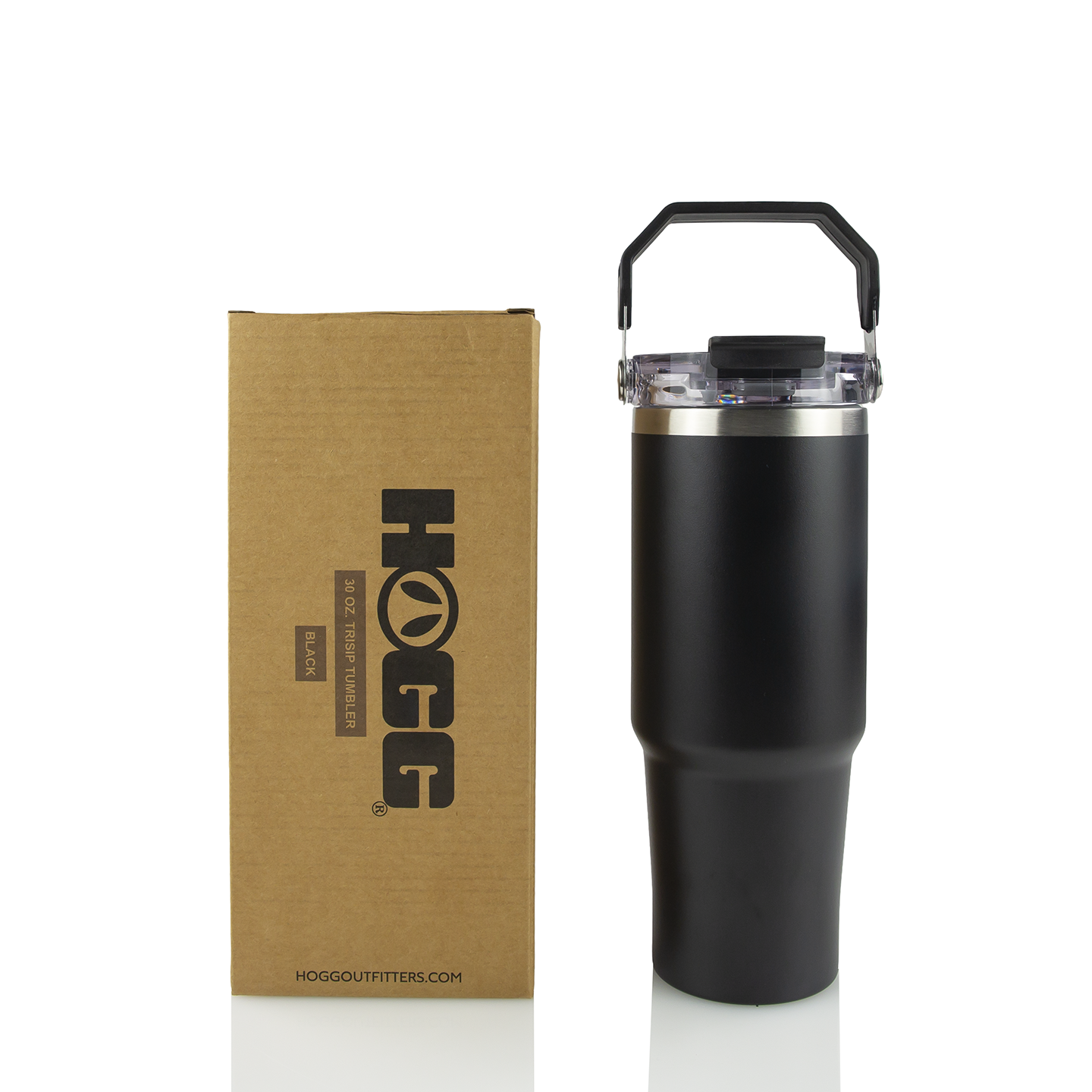 Black insulated travel tumbler with handle beside brown product box, white background