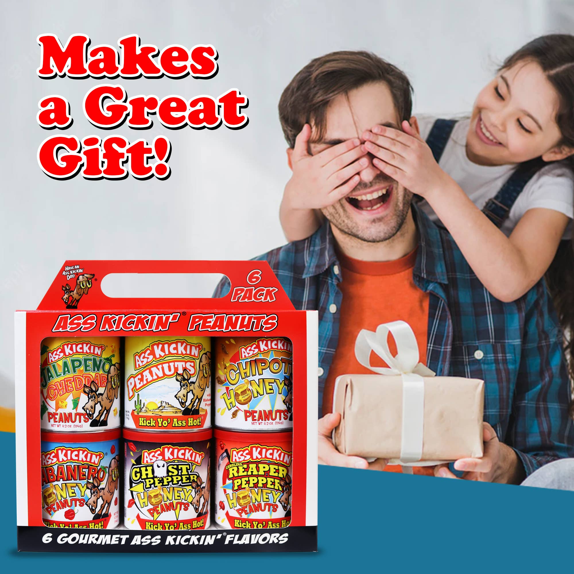 Gift box of spicy peanuts with six flavors, child surprising man with wrapped present, great gift idea.