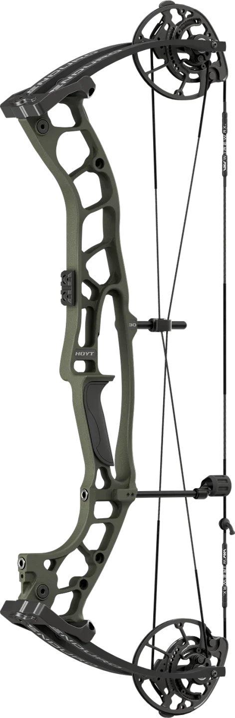 Olive green compound bow with dual cams, modern hunting archery equipment on white background