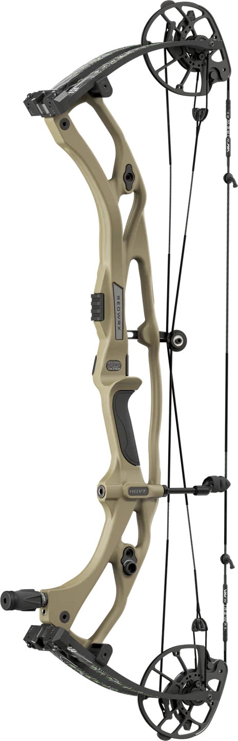 Tan and black compound bow with dual cams, archery and hunting gear