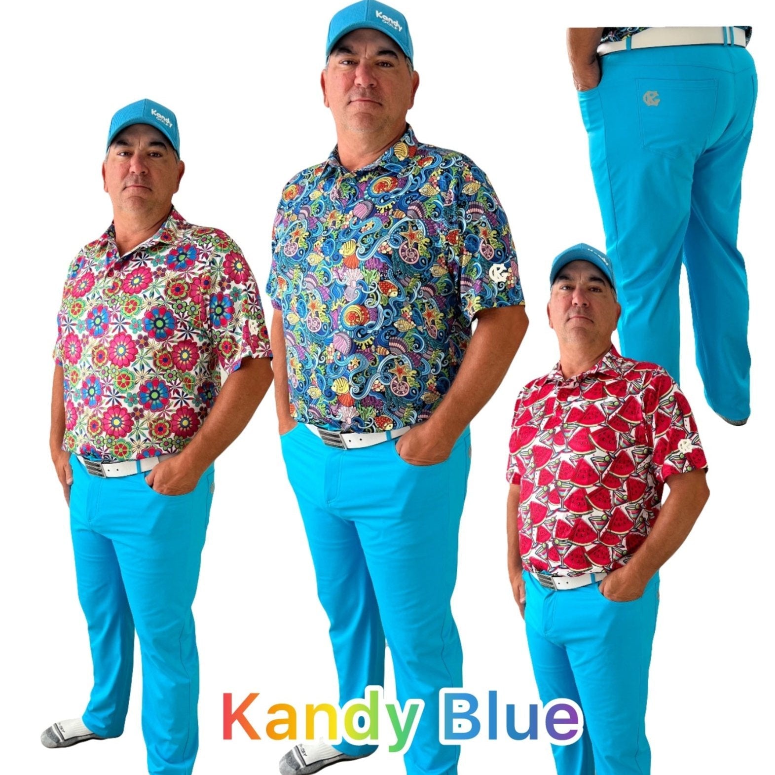 Man modeling bright blue golf pants and colorful patterned shirts with blue cap