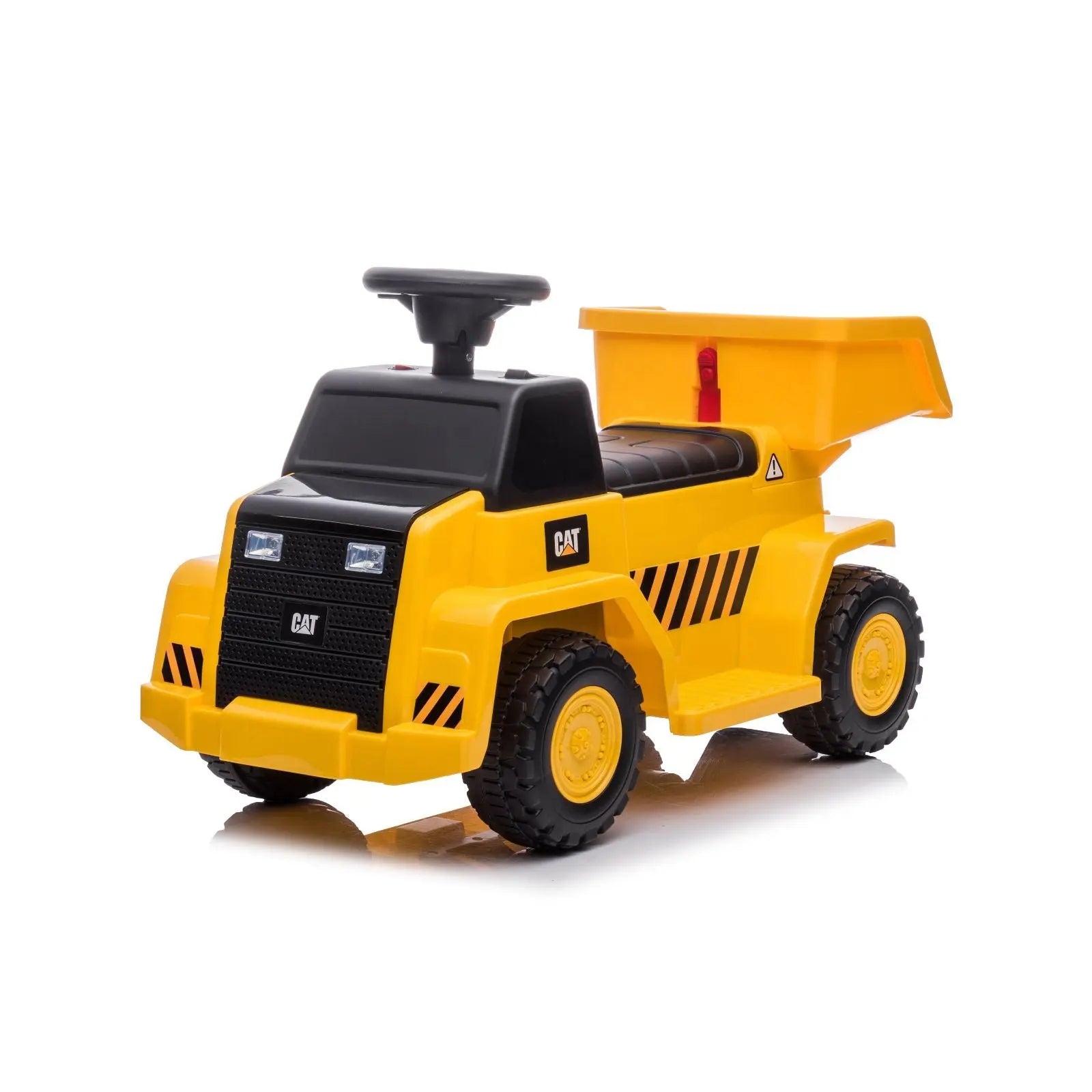 Yellow CAT dump truck ride-on toy with black seat and steering wheel on white background