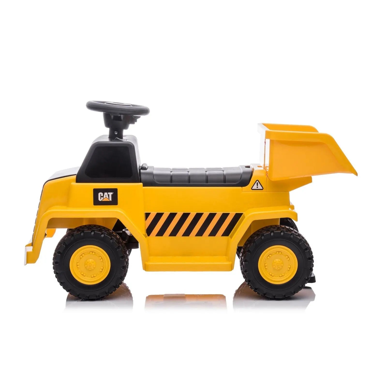 Yellow CAT dump truck ride-on toy for kids with black wheels on white background