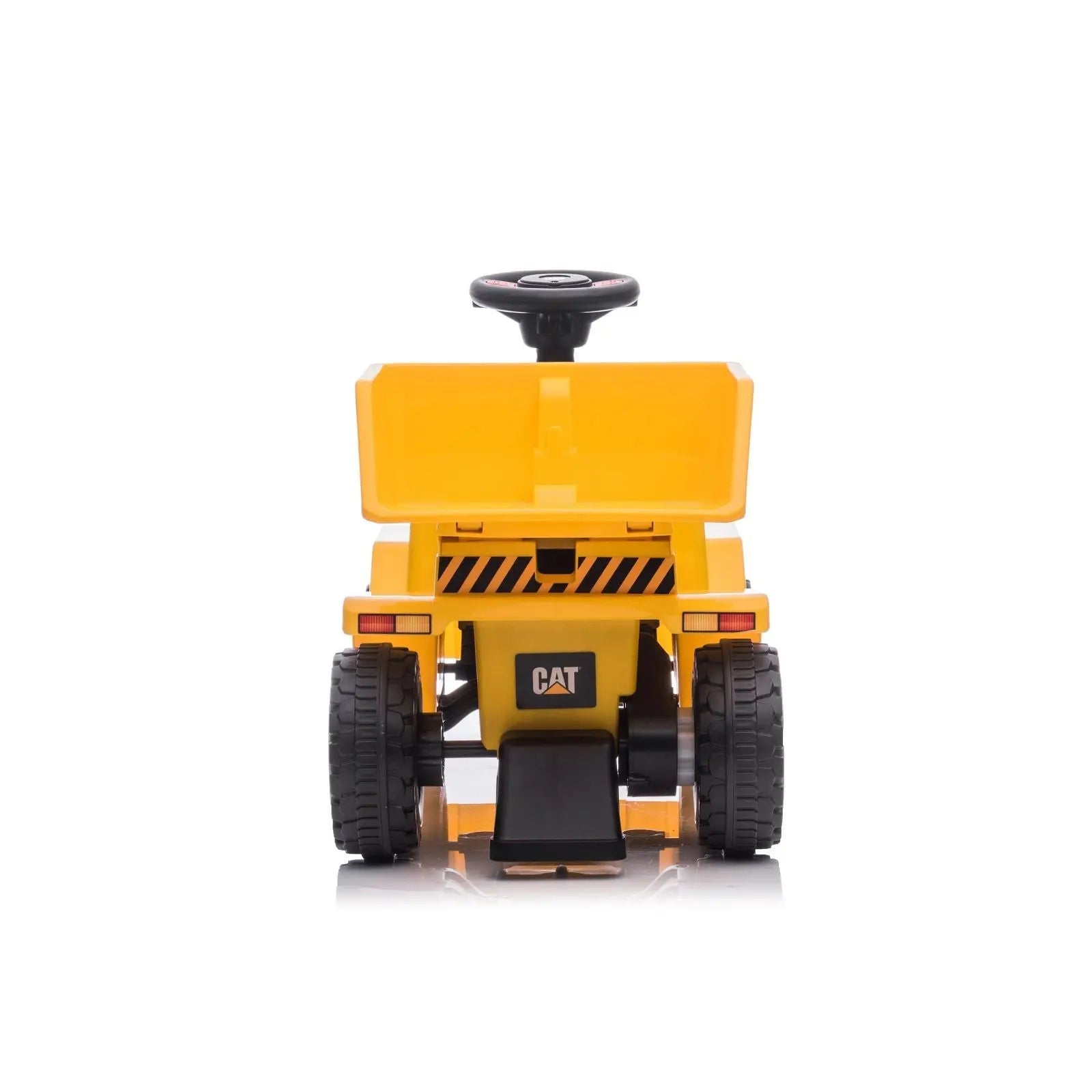 Yellow ride-on CAT dump truck toy with steering wheel and rugged black wheels, rear view