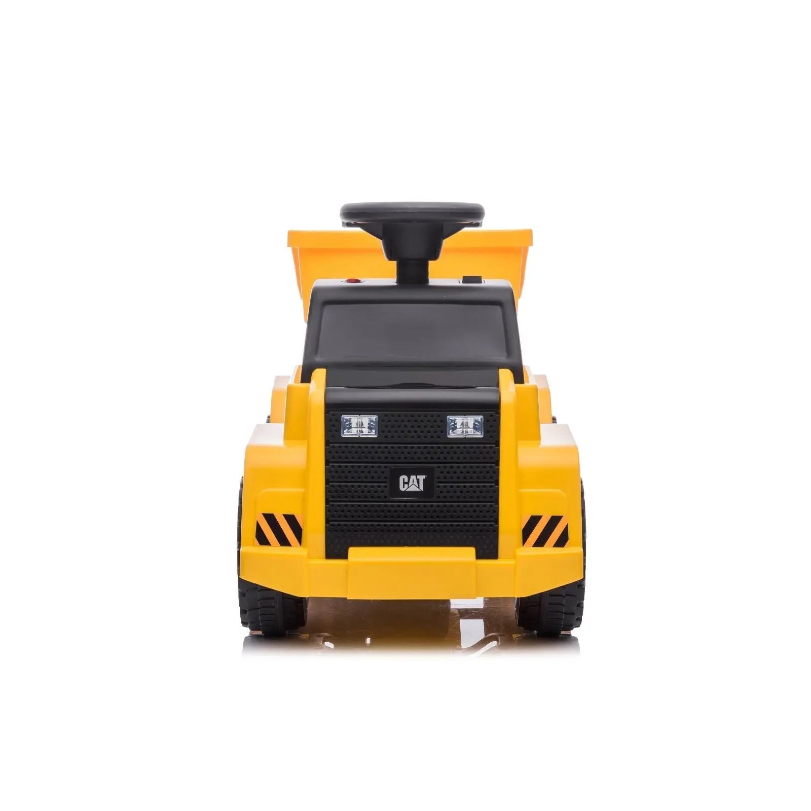 Yellow CAT dump truck ride-on toy for kids, front view, with steering wheel and black accents.