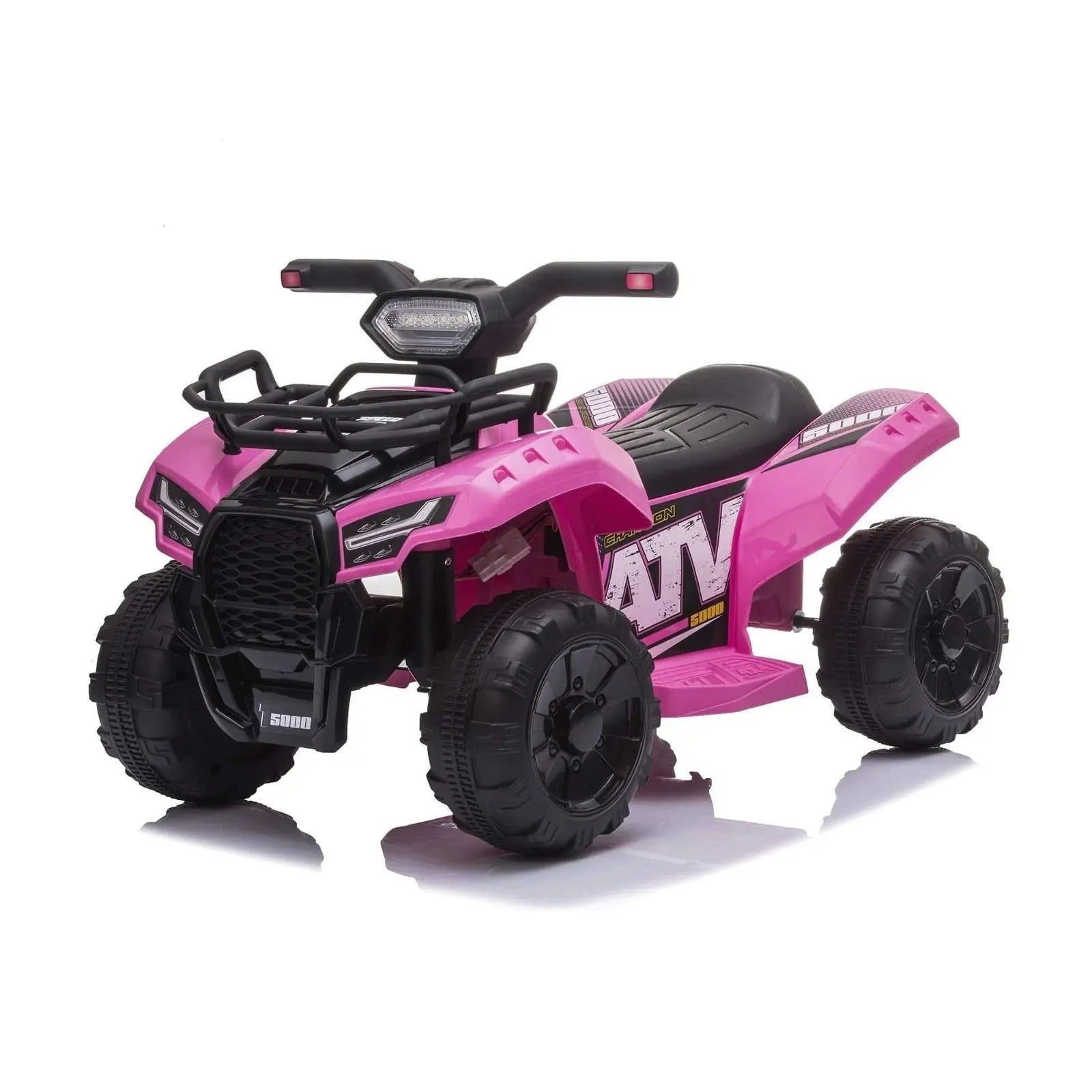 Pink mini kids ATV ride-on toy with black wheels and handlebar, single seat, product photo