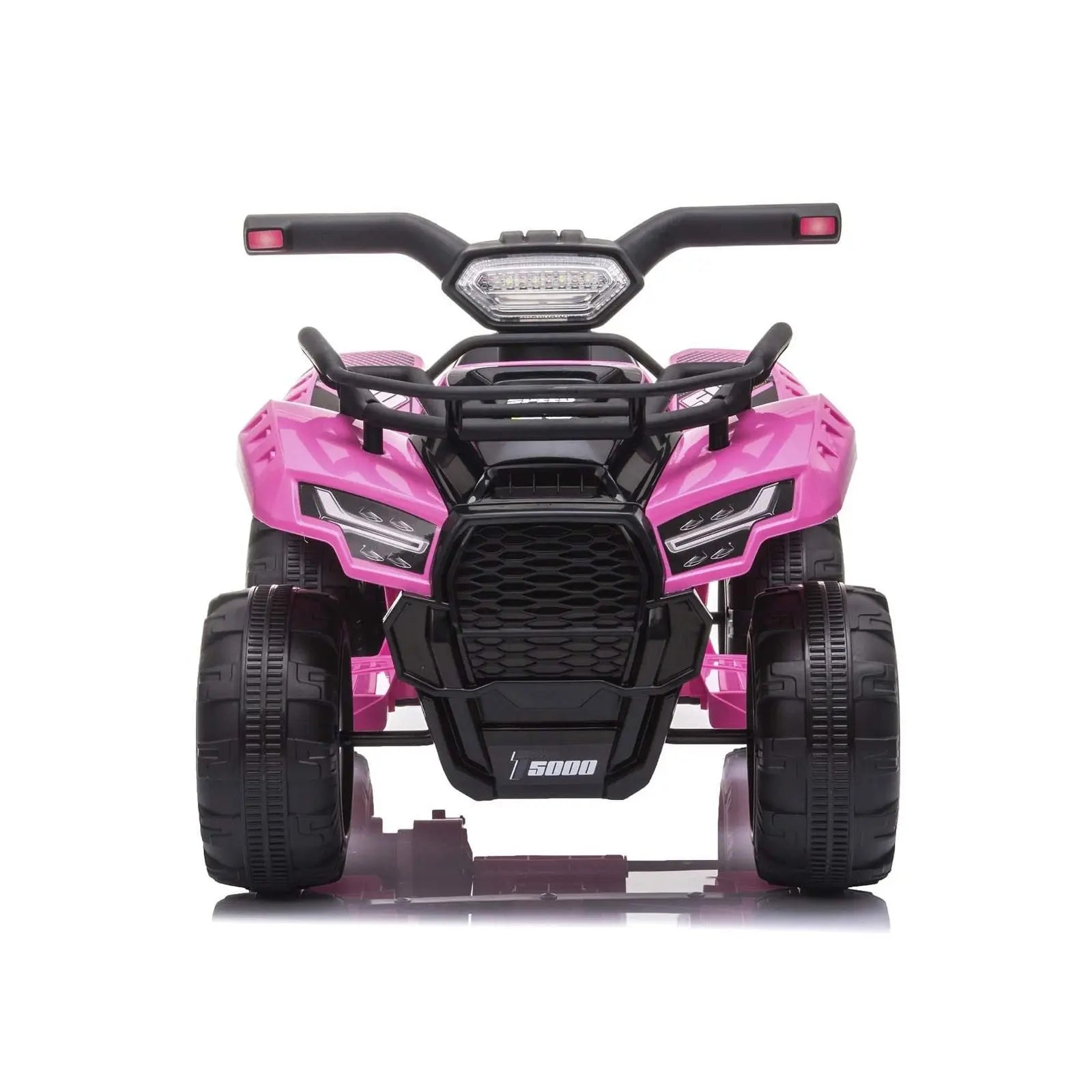 Pink mini kids ATV toy with large black tires, LED headlights, and sporty design