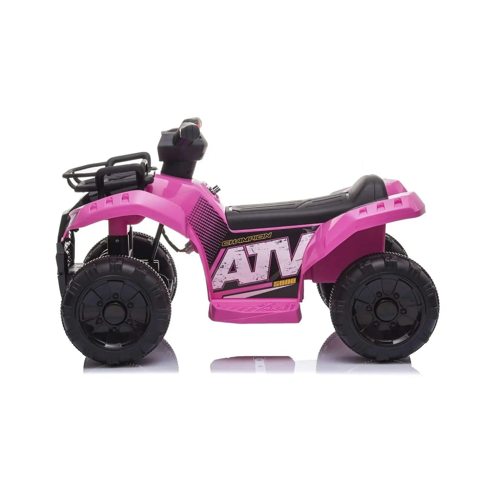 Pink kids ride-on mini ATV with black wheels, single seat, and sporty decals