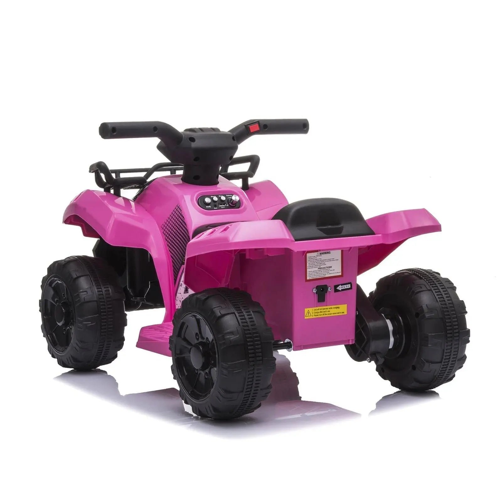 Pink mini kids ATV with black wheels and single seat, electric ride-on toy vehicle