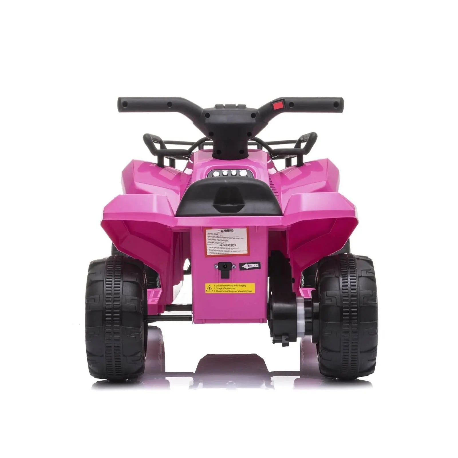 Pink mini ATV toy for kids with large rugged tires, shown from rear view on white background