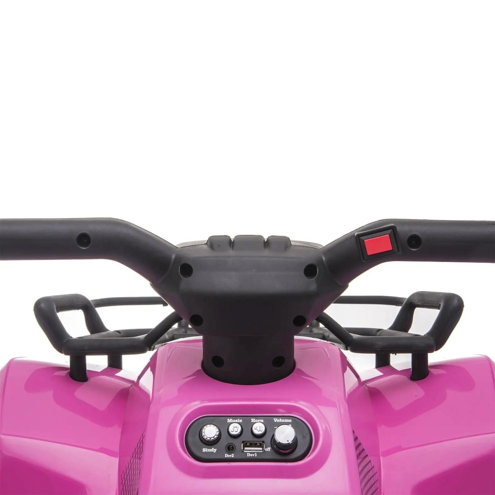 Pink mini ATV handlebar controls and dashboard close-up