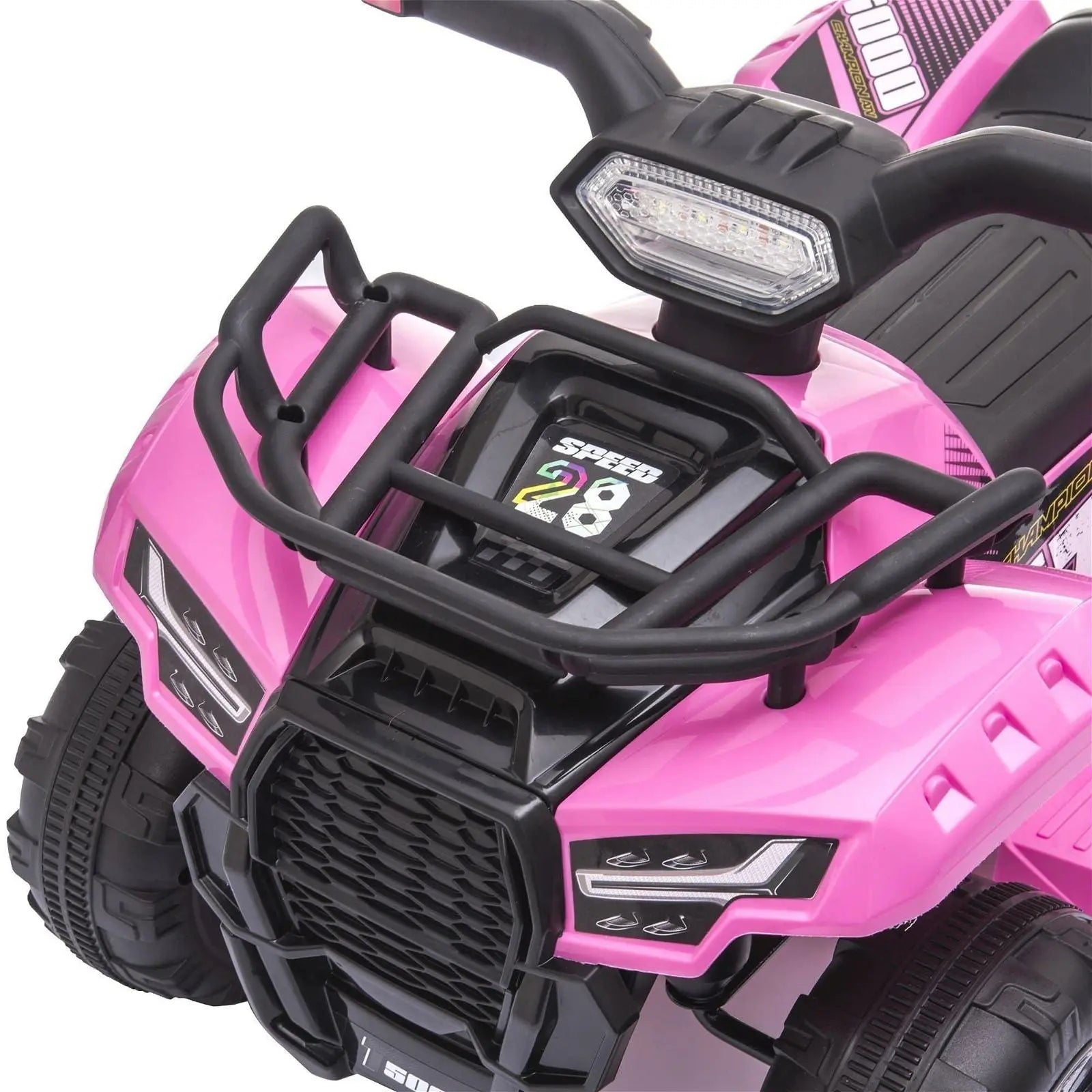 Close-up of pink mini kids ATV with LED headlight, rugged tires, and detailed front grill.