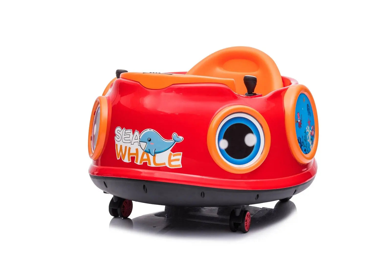 Red kids’ bumper car with joystick controls and sea whale design on side, white background