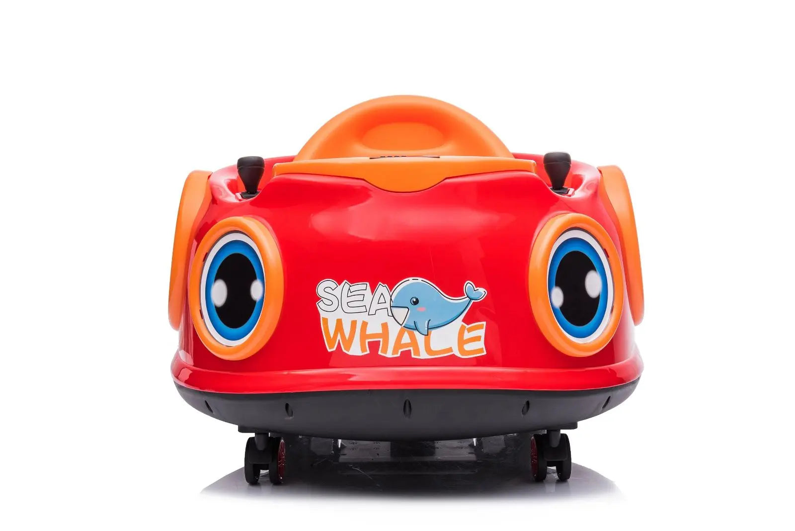 Red kids bumper car with cartoon eyes and 'Sea Whale' graphic, remote control ride-on toy
