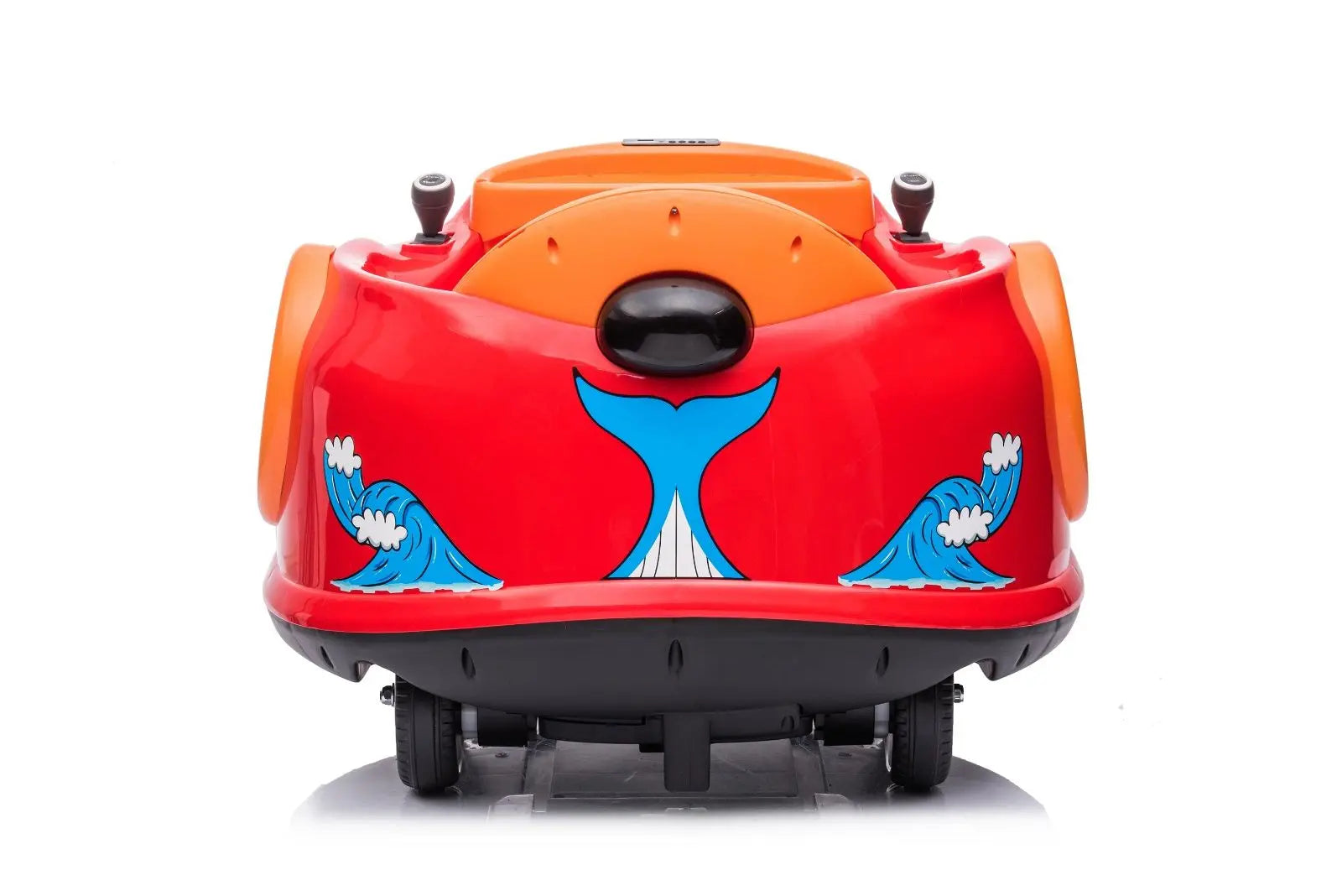 Red and orange kids bumper car with whale tail and wave decals, remote control visible
