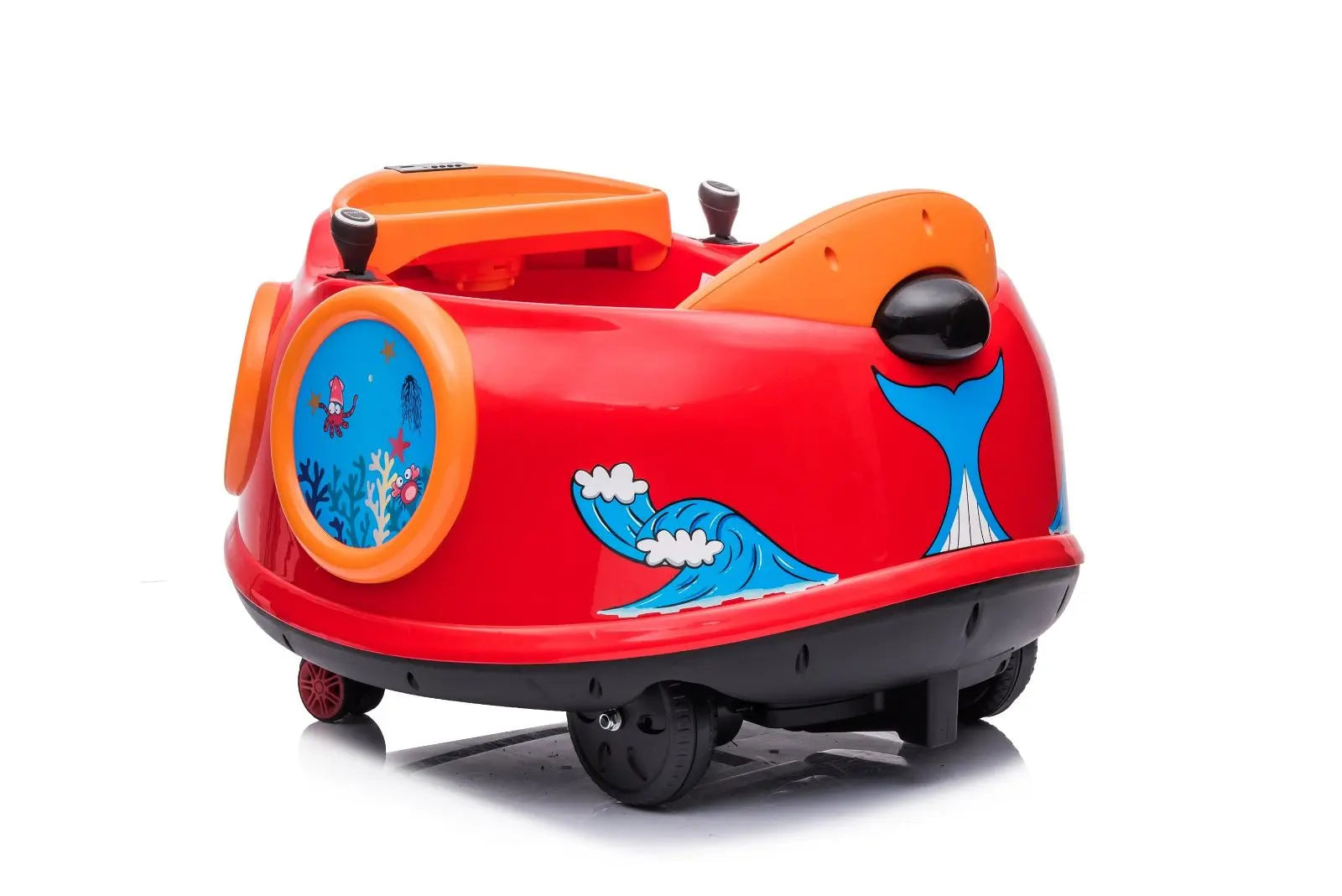 Red and orange remote control bumper car for kids with ocean-themed graphics