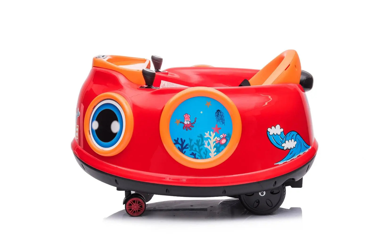 Red children's bumper car toy with joystick controls and colorful sea-themed decals
