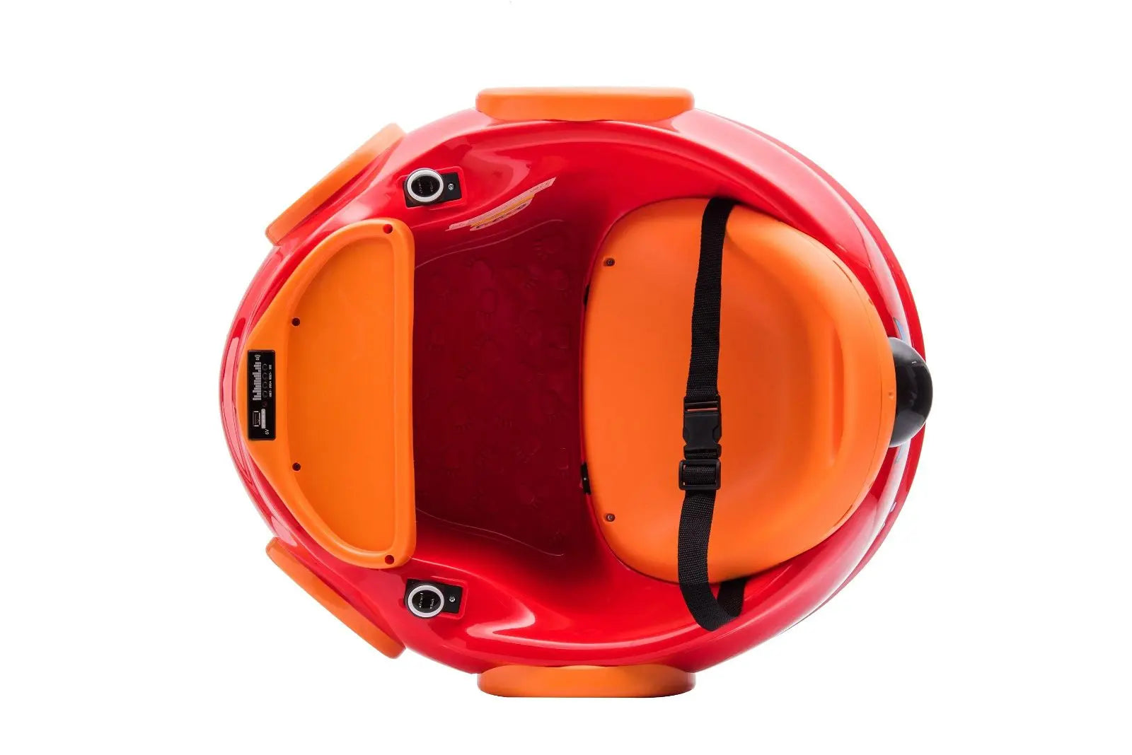 Red and orange kids bumper car with seatbelt, viewed from above, for outdoor play