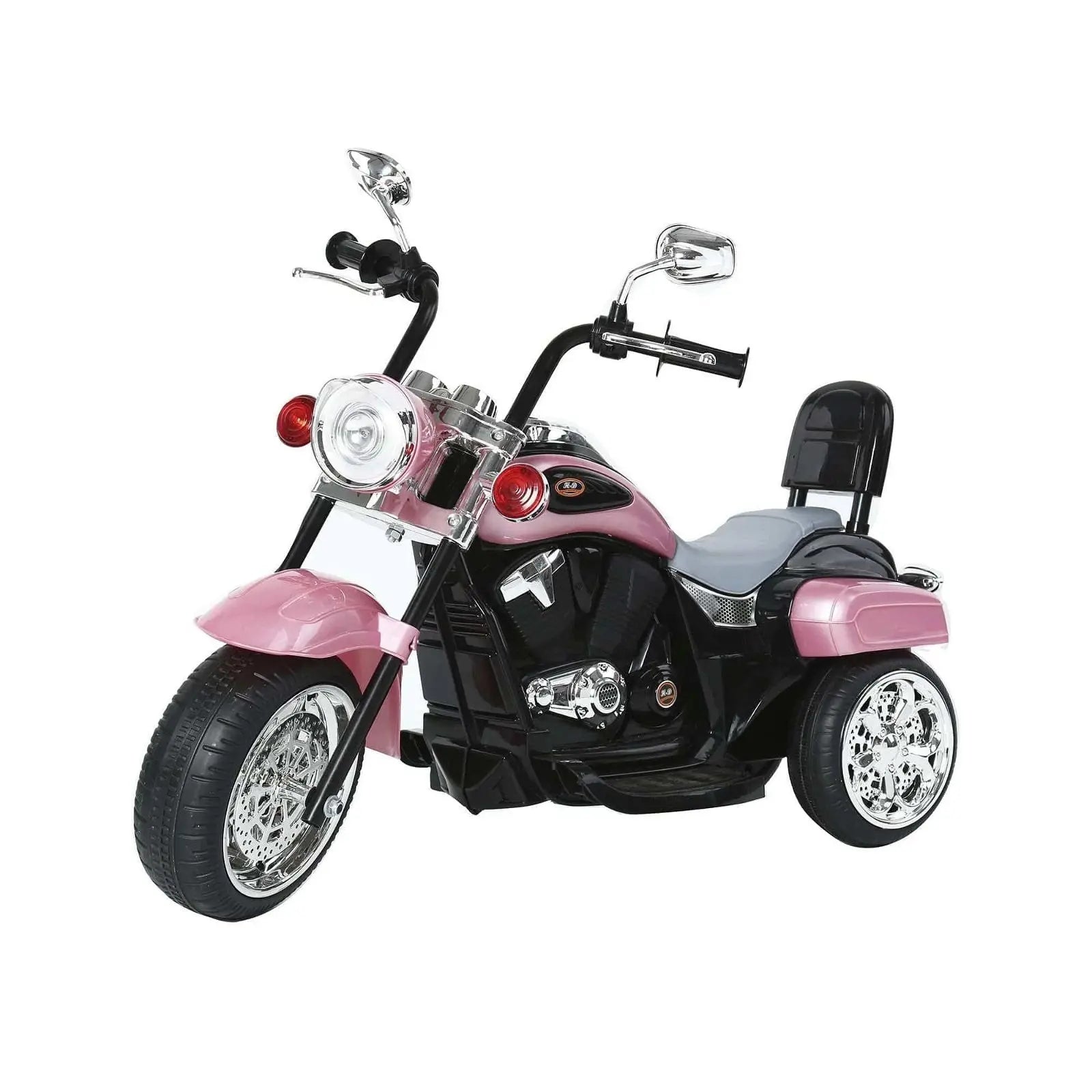 Pink chopper style kids ride-on trike with chrome accents and black seat on white background