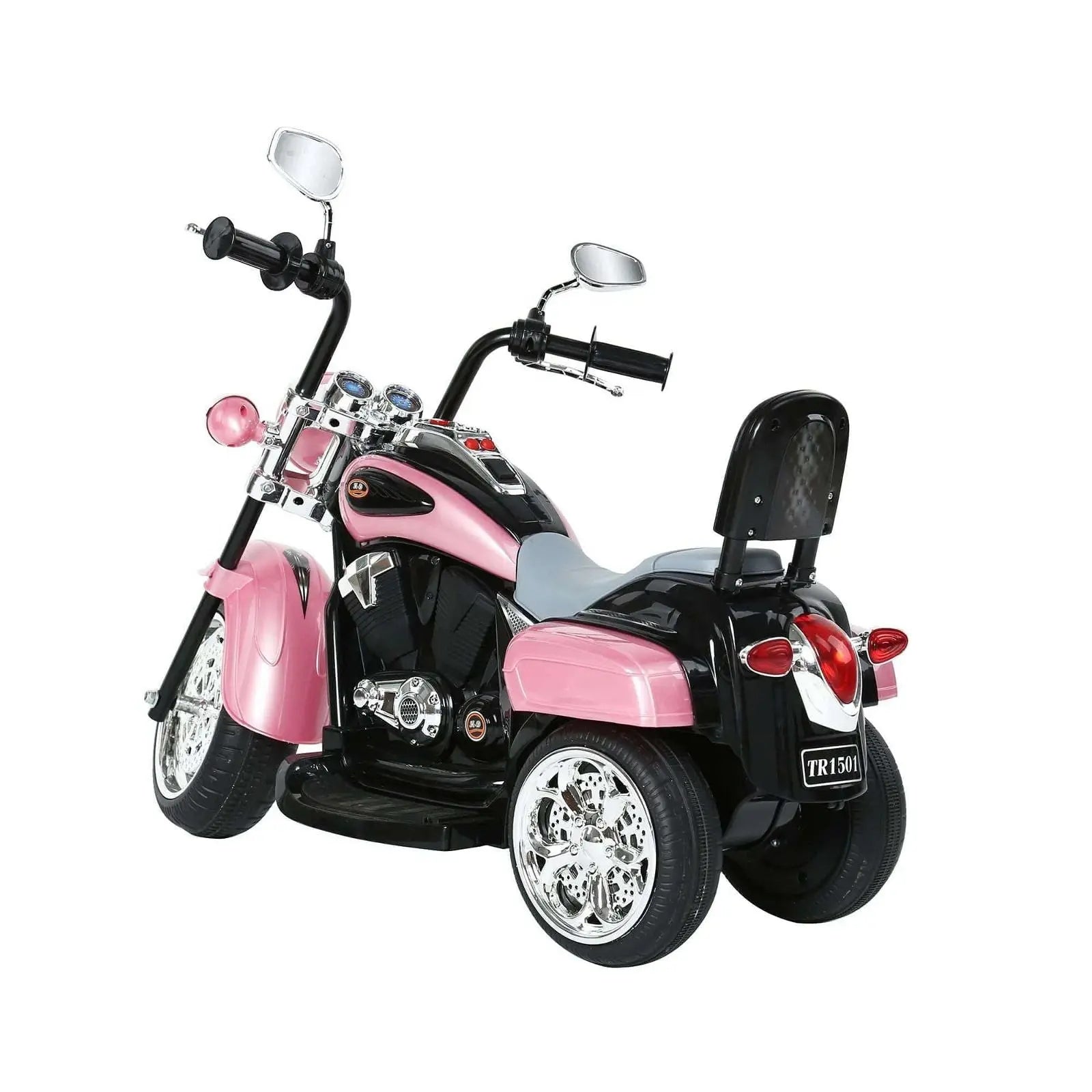 Pink and black chopper-style ride-on trike toy with chrome accents and mirrors