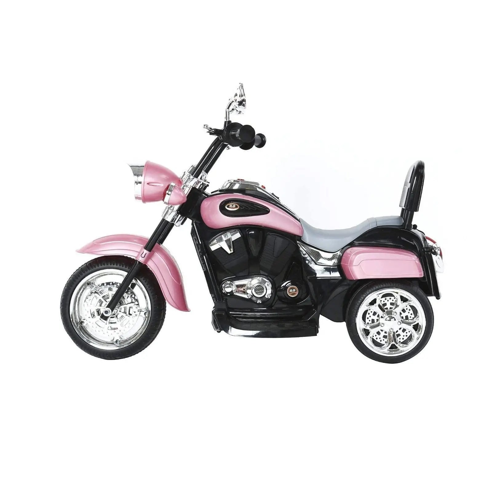 Pink and black chopper style ride-on trike toy with chrome wheels, side view