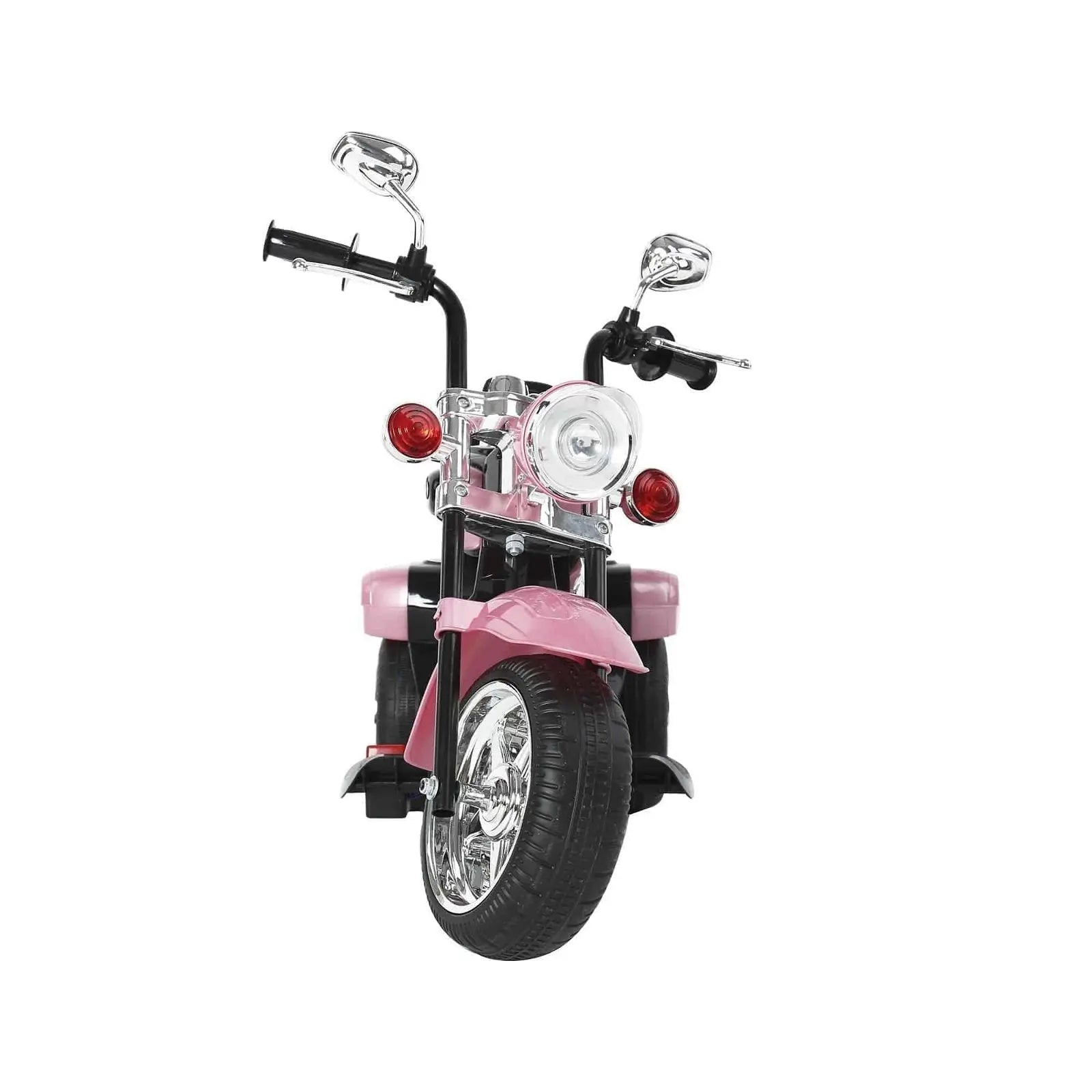 Front view of pink chopper-style kids ride-on trike with chrome handlebars and headlight