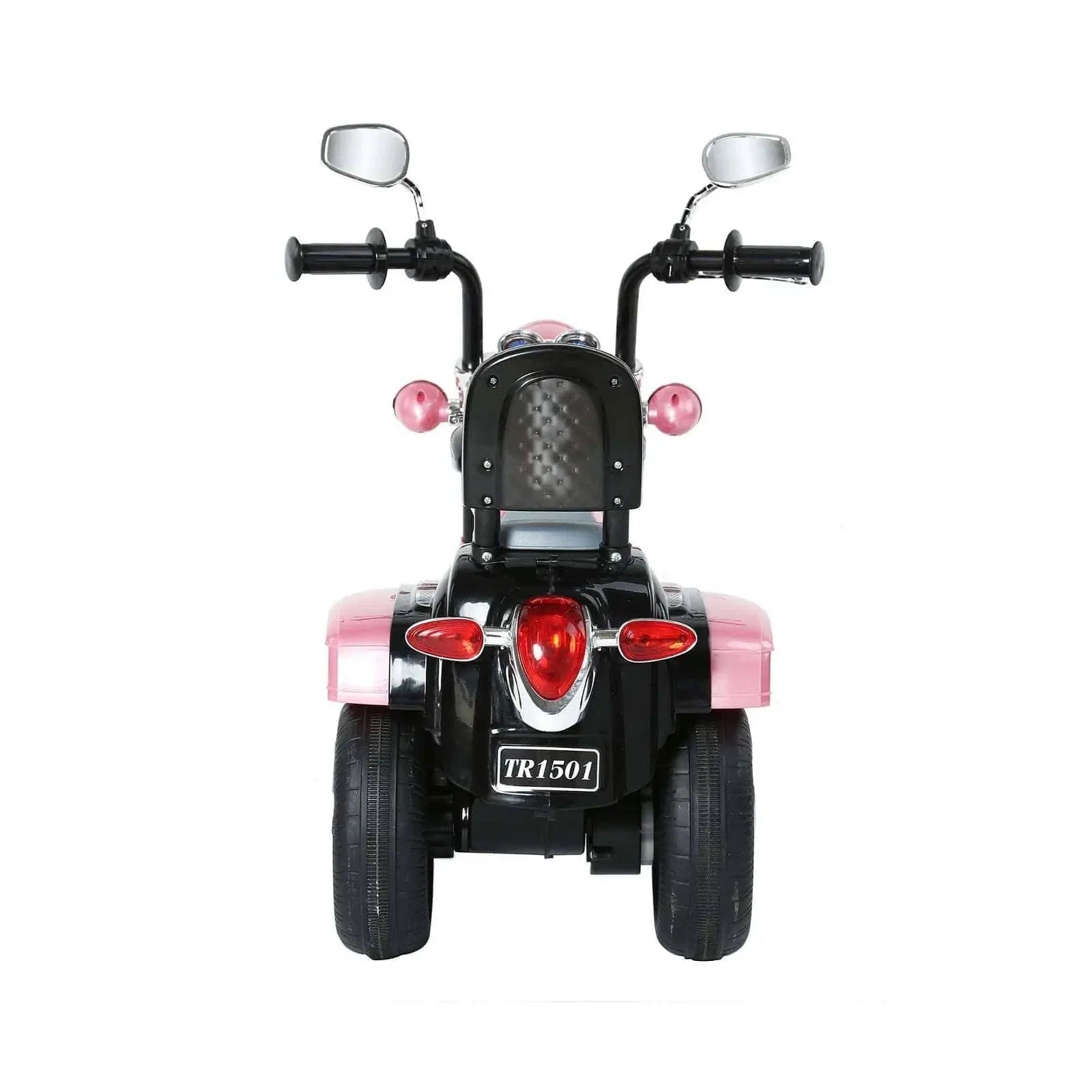 Rear view of a pink and black chopper-style kids ride-on trike with two mirrors and license plate TR1501