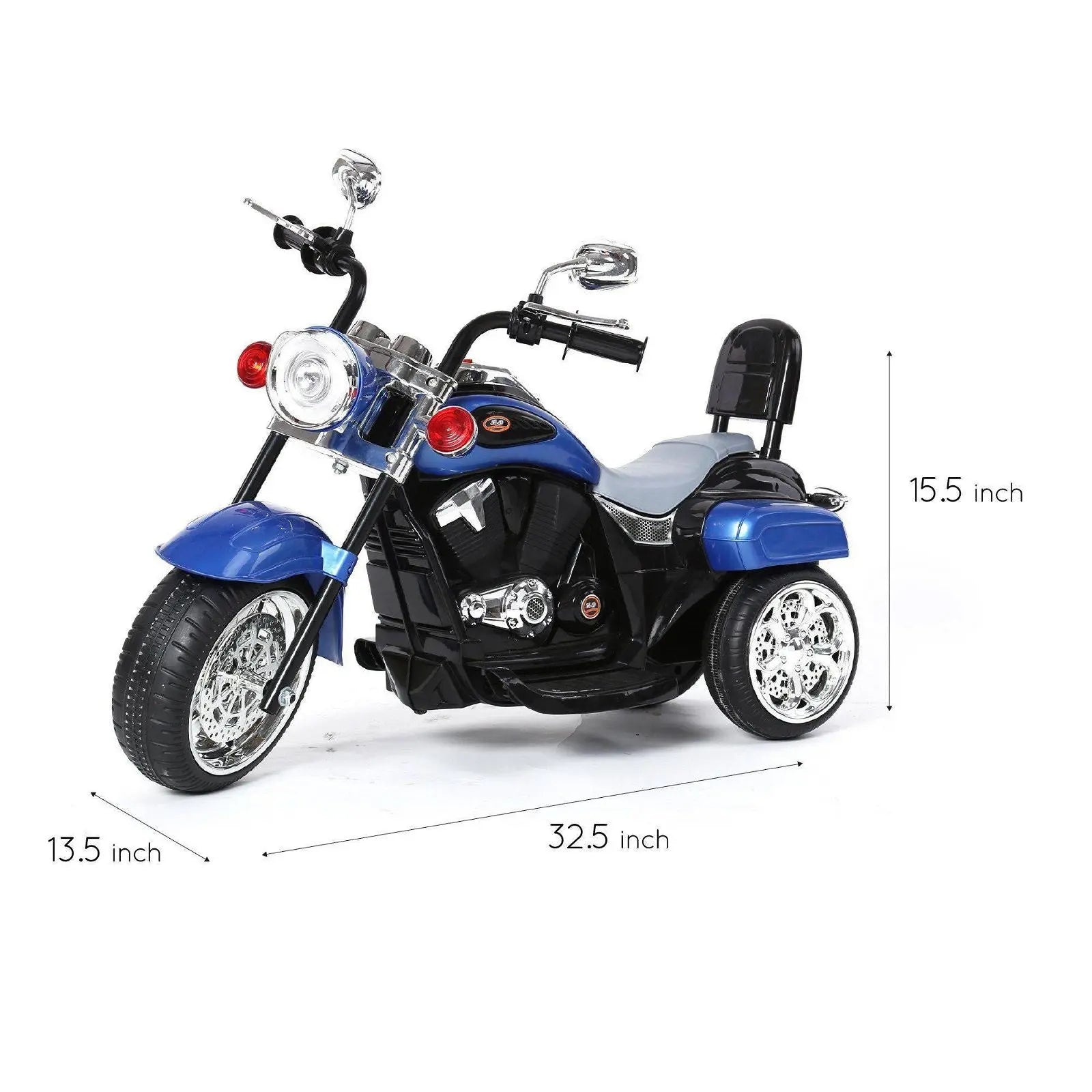 Blue chopper style ride-on trike toy for kids with chrome wheels and size measurements.