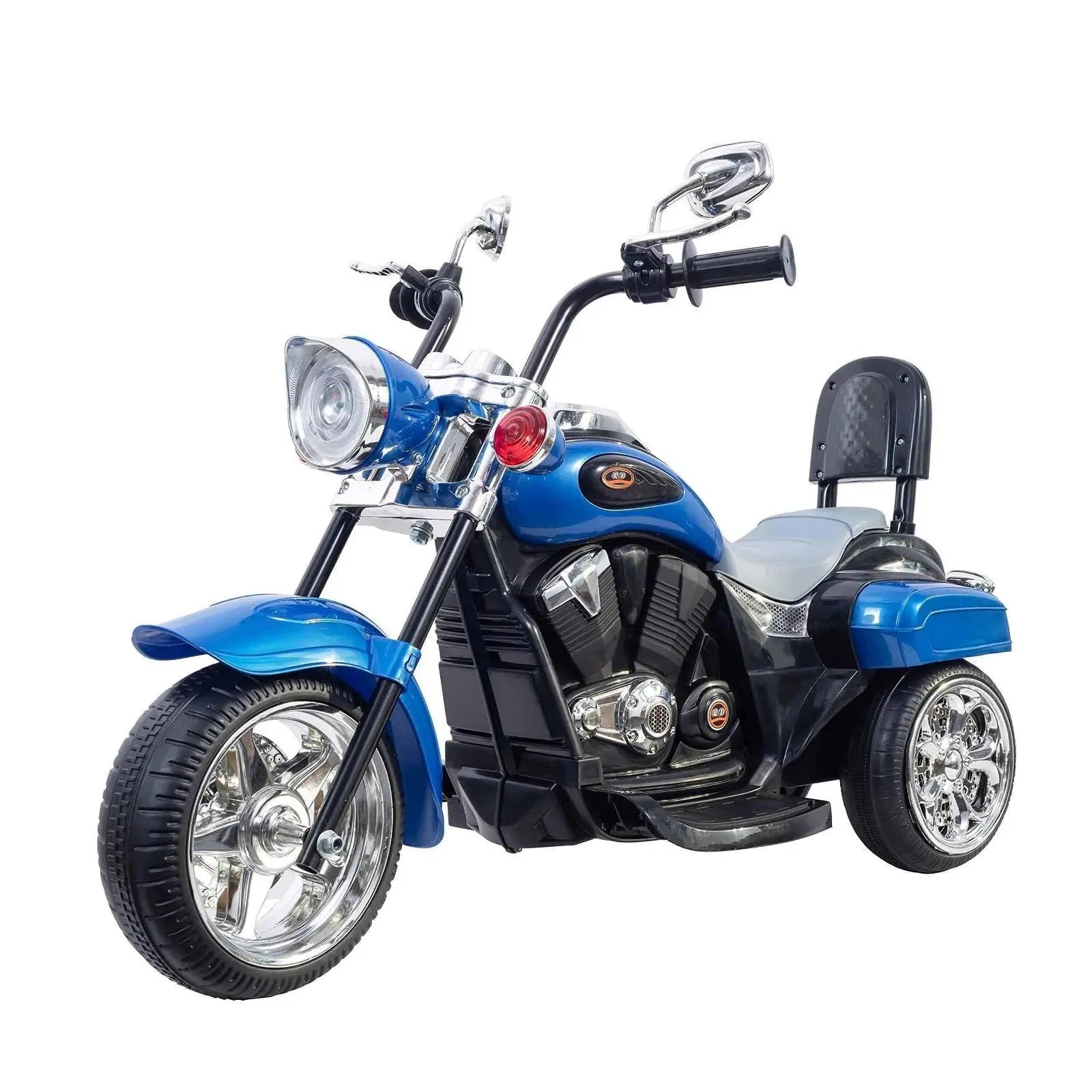 Blue chopper style kids ride-on trike toy with chrome wheels and black backrest