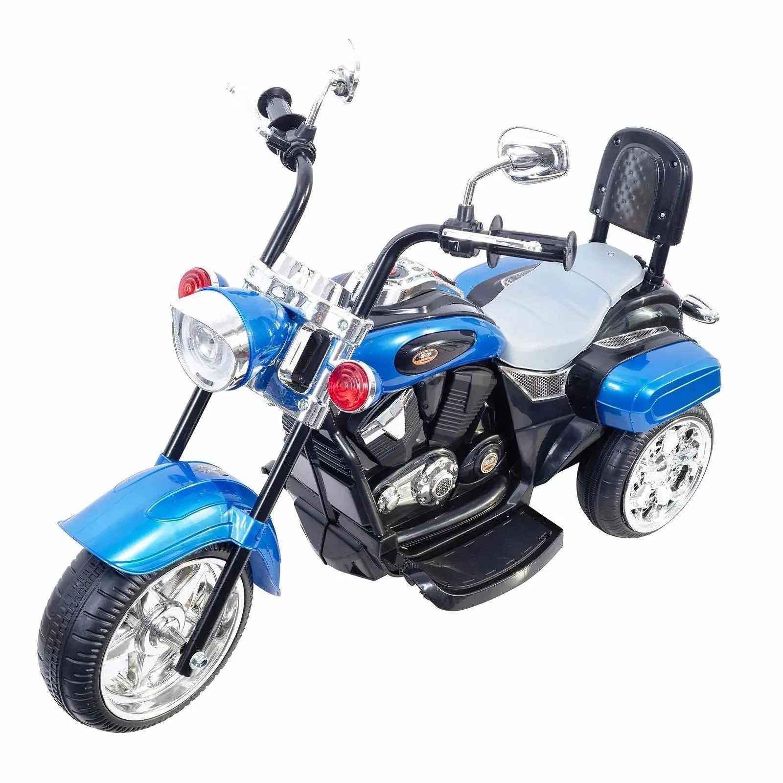 Blue chopper style kids ride-on trike with chrome wheels and realistic handlebar detail.