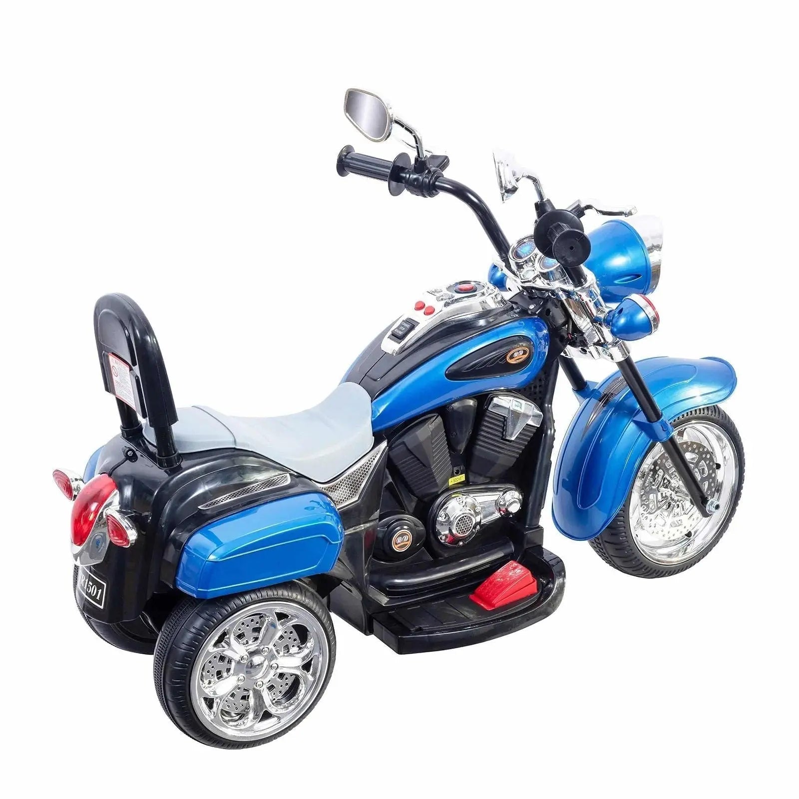 Blue chopper-style kids ride-on trike with chrome accents and backrest on white background.