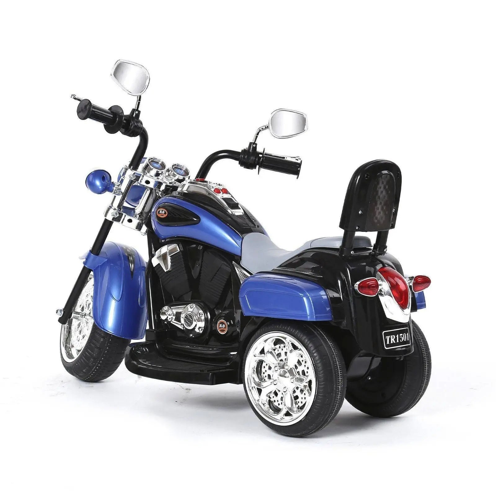 Blue and black chopper style kids ride-on tricycle with chrome wheels, photographed indoors.