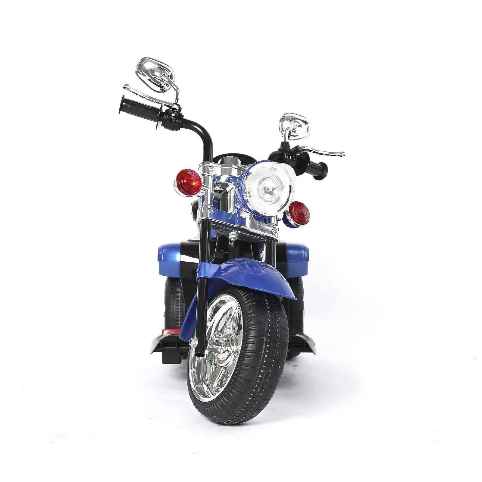 Blue chopper style kids ride-on trike with chrome accents, viewed from the front
