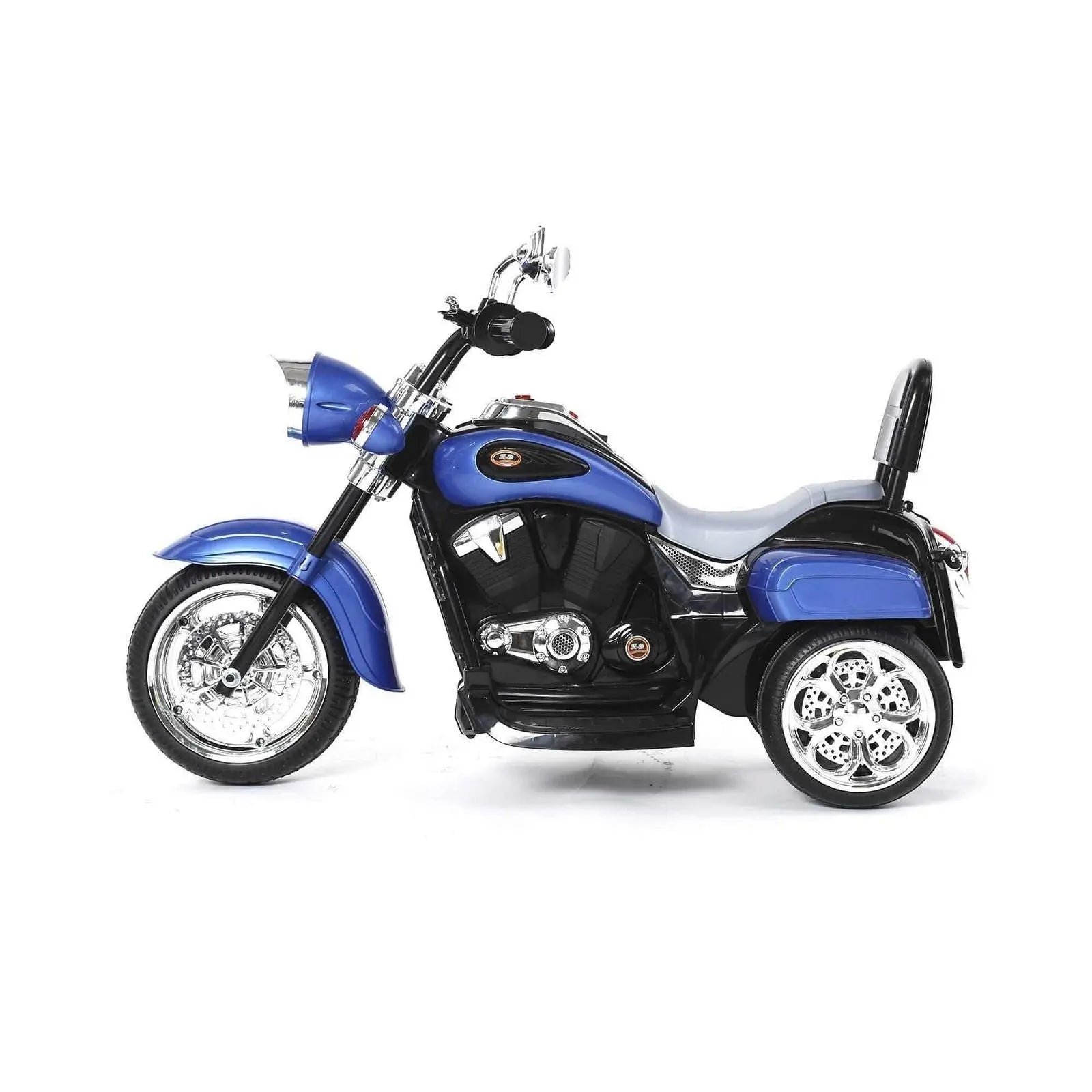 Blue chopper-style ride-on toy trike with chrome wheels on white background