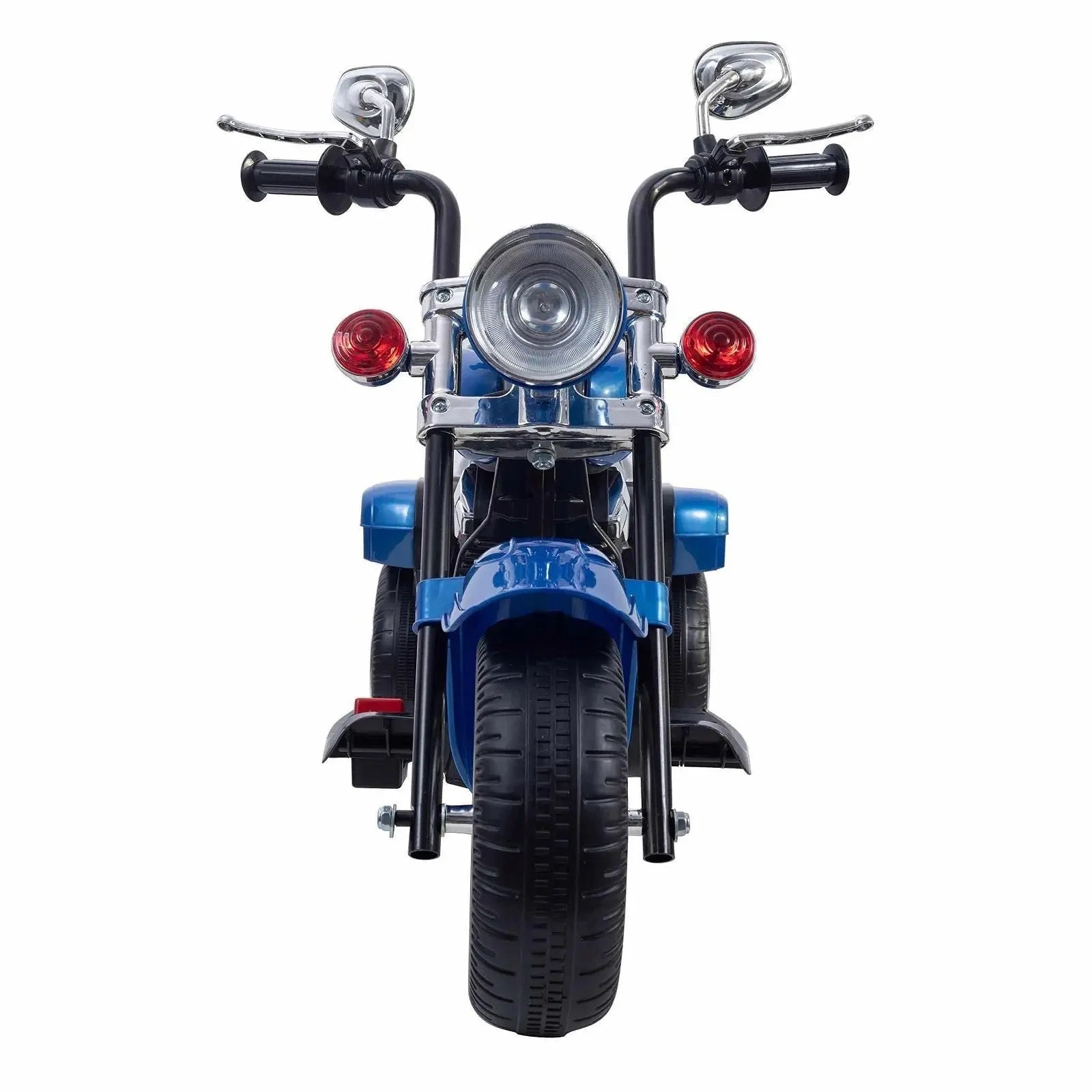 Front view of a blue chopper-style kids ride-on trike with handlebars and headlights