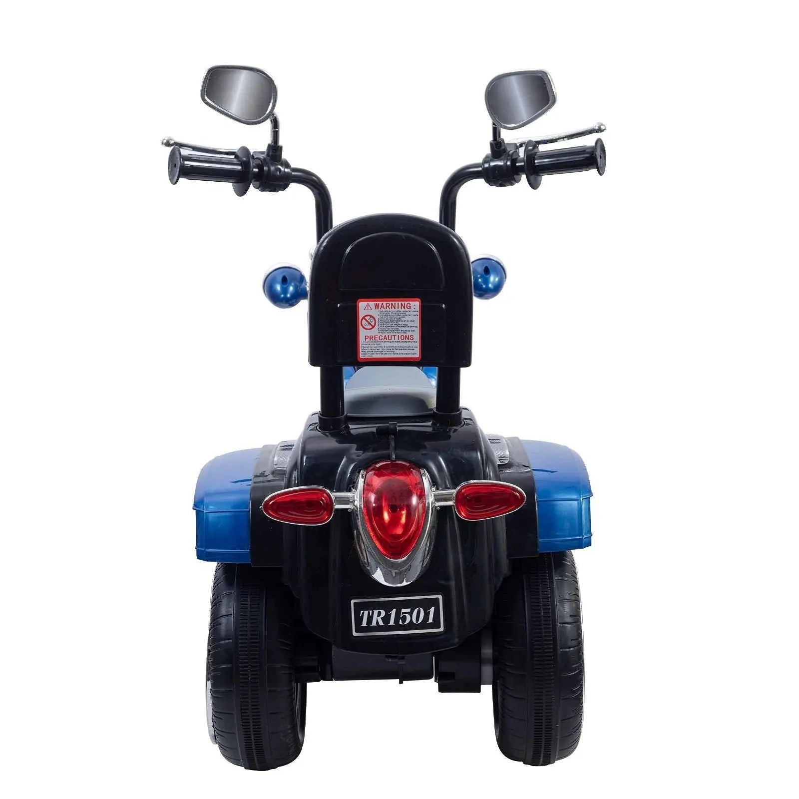Rear view of blue and black chopper-style kids' ride-on trike with mirrors and tail lights