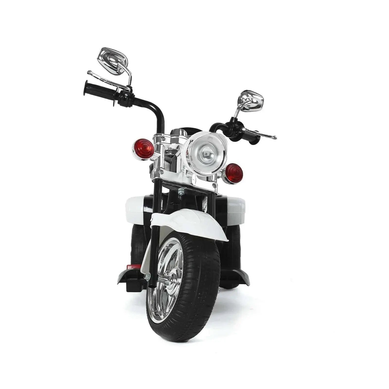 Front view of kids' chopper style ride-on trike with chrome and black details on white background