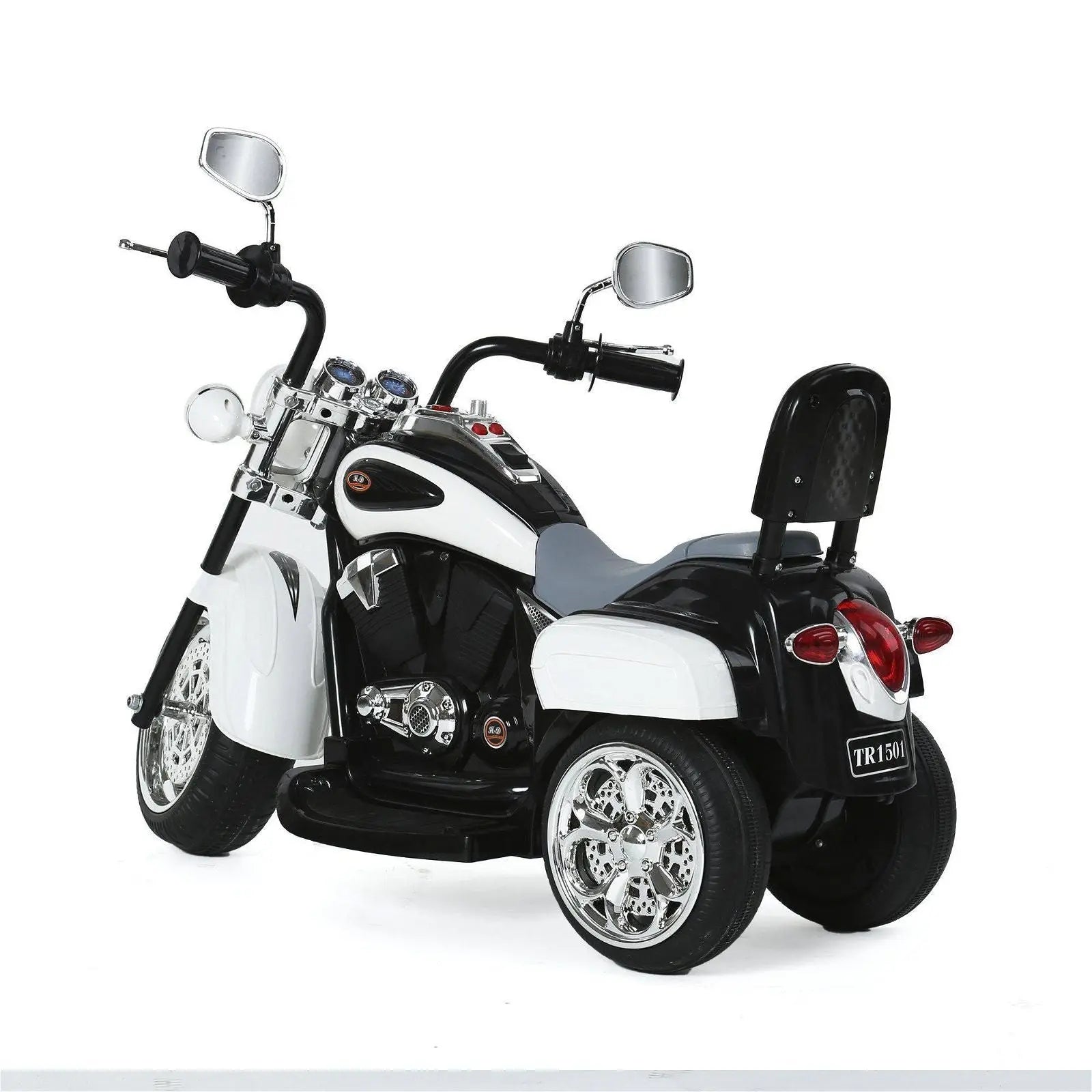 Kids black and white chopper style ride-on trike motorcycle with chrome accents