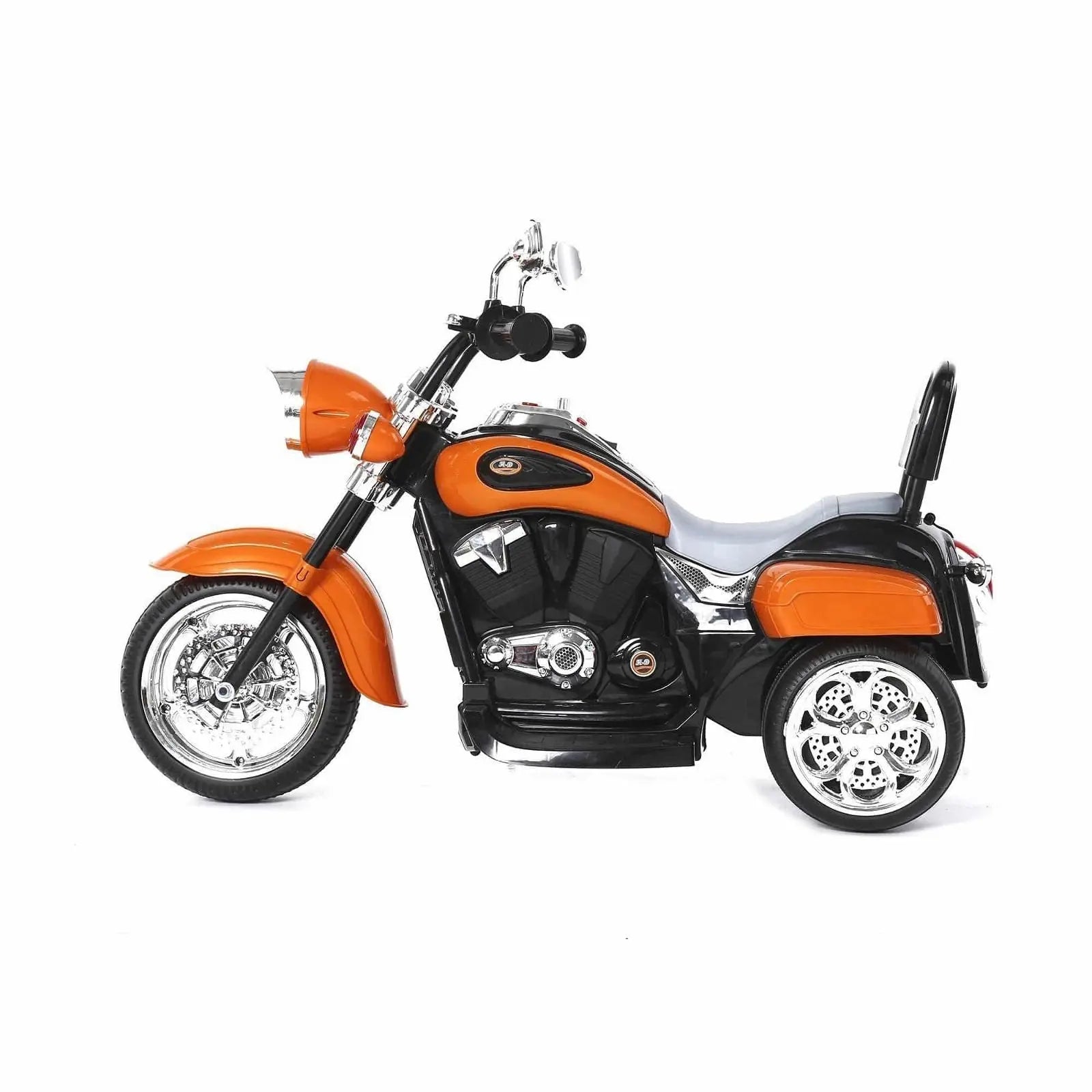 Orange chopper-style kids ride-on trike motorcycle with chrome details on white background