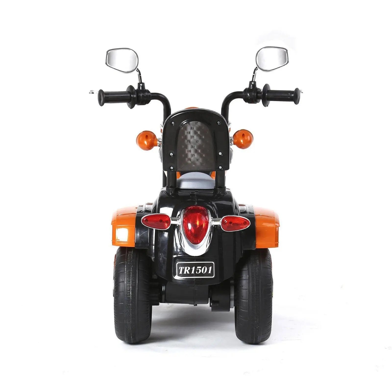Rear view of a black and orange chopper style kids ride-on trike with mirrors and license plate.