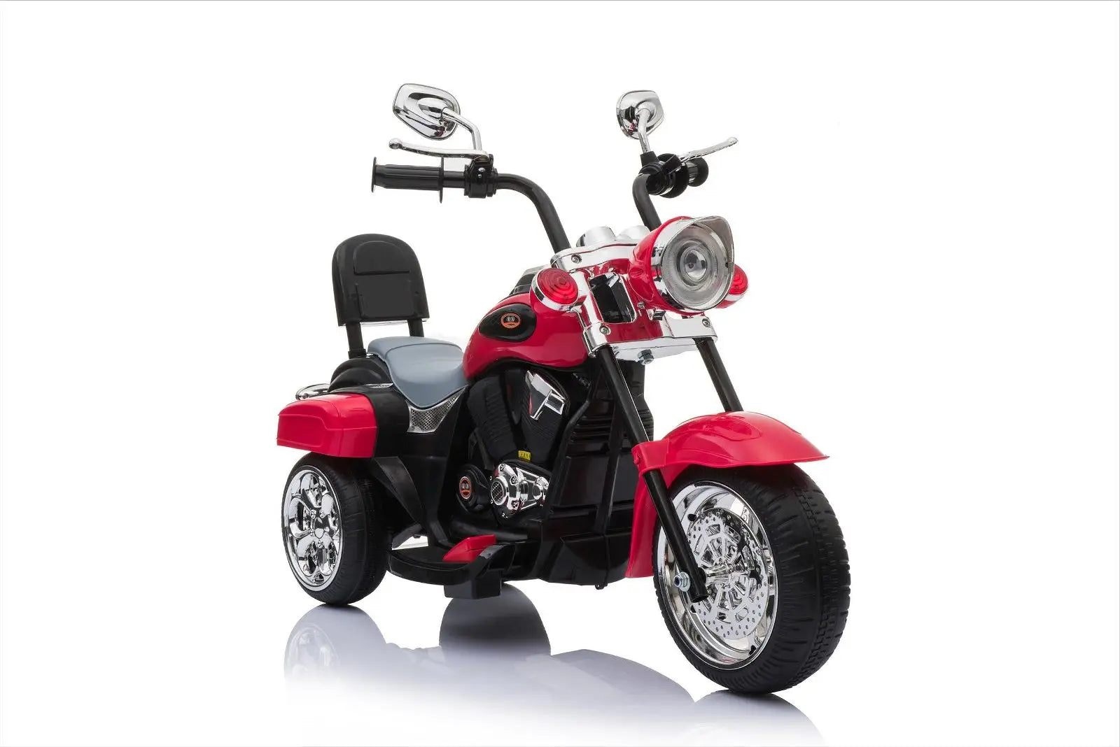 Red kids electric chopper trike ride-on toy motorcycle with chrome accents on white background