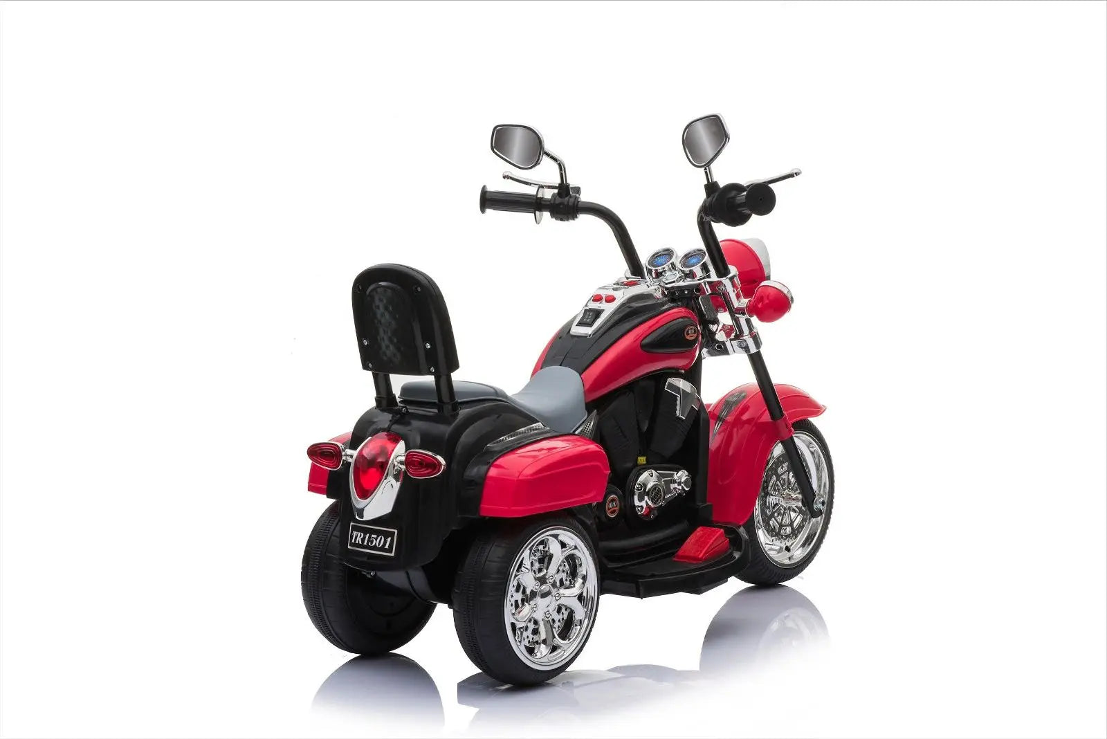 Red and black kids chopper-style ride-on trike with chrome wheels on white background