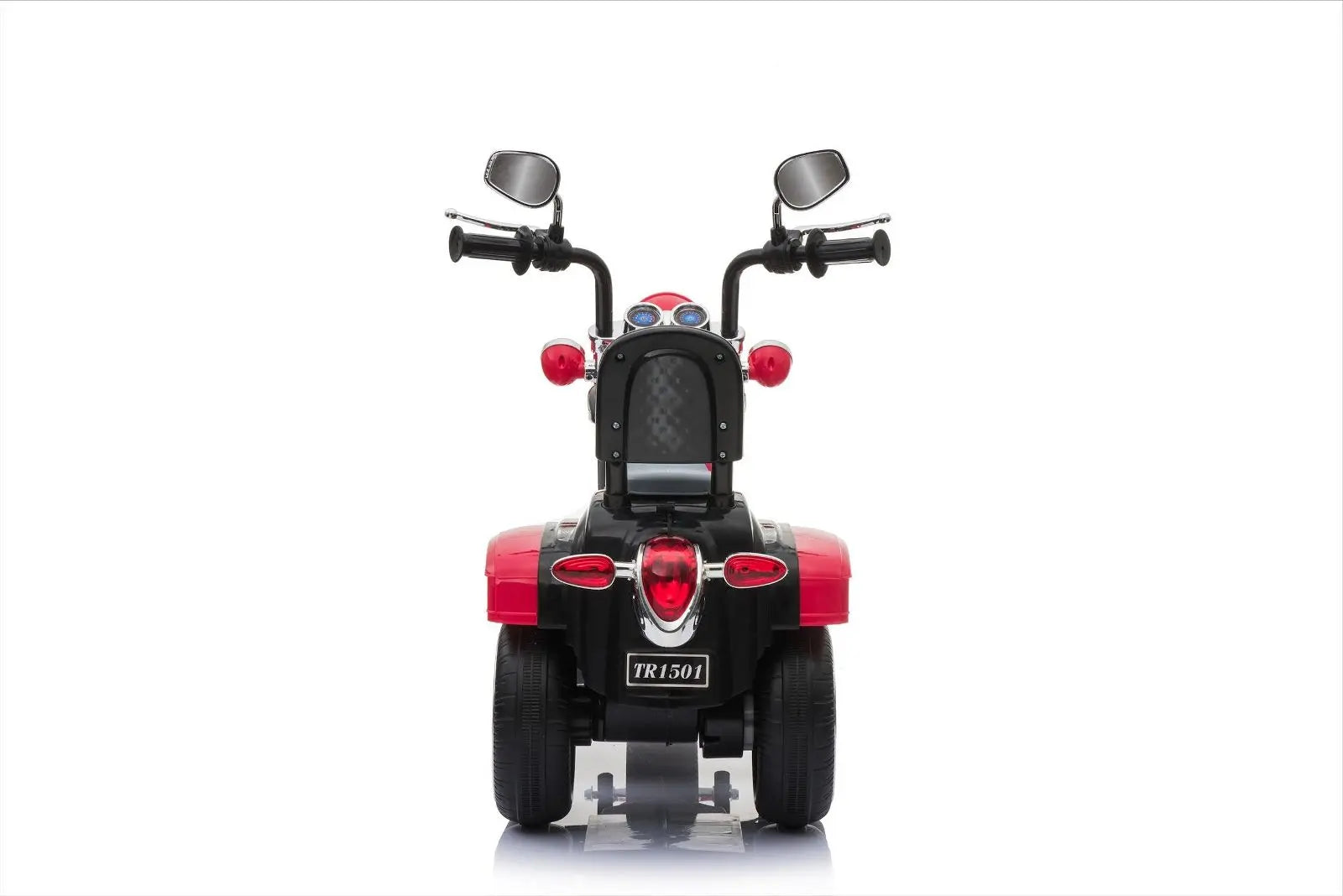 Red and black chopper style ride-on trike for kids, rear view, against white background.