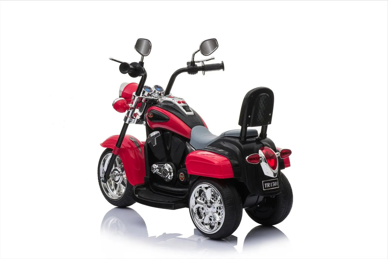 Red and black chopper style ride-on trike for kids with chrome wheels on white background