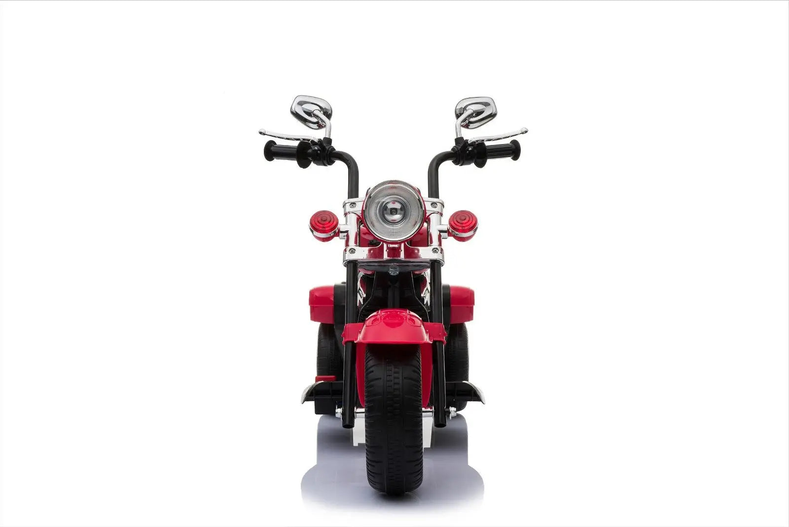 Red chopper style ride-on toy trike for kids with chrome handlebars on white background