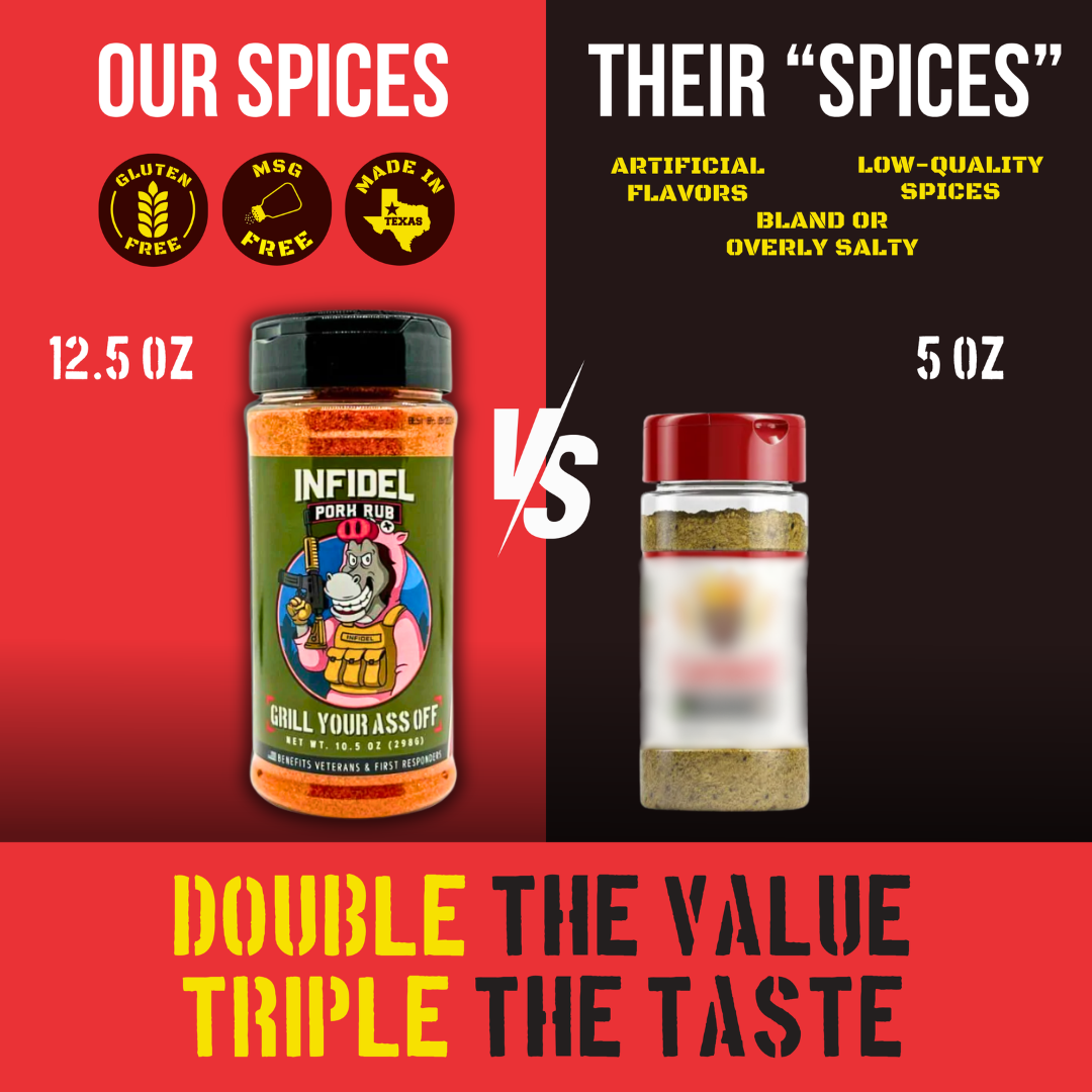 Comparison of Infidel pork rub spice bottle versus generic spice, highlighting gluten free, MSG free, made in Texas, larger size, and better taste for grilling.