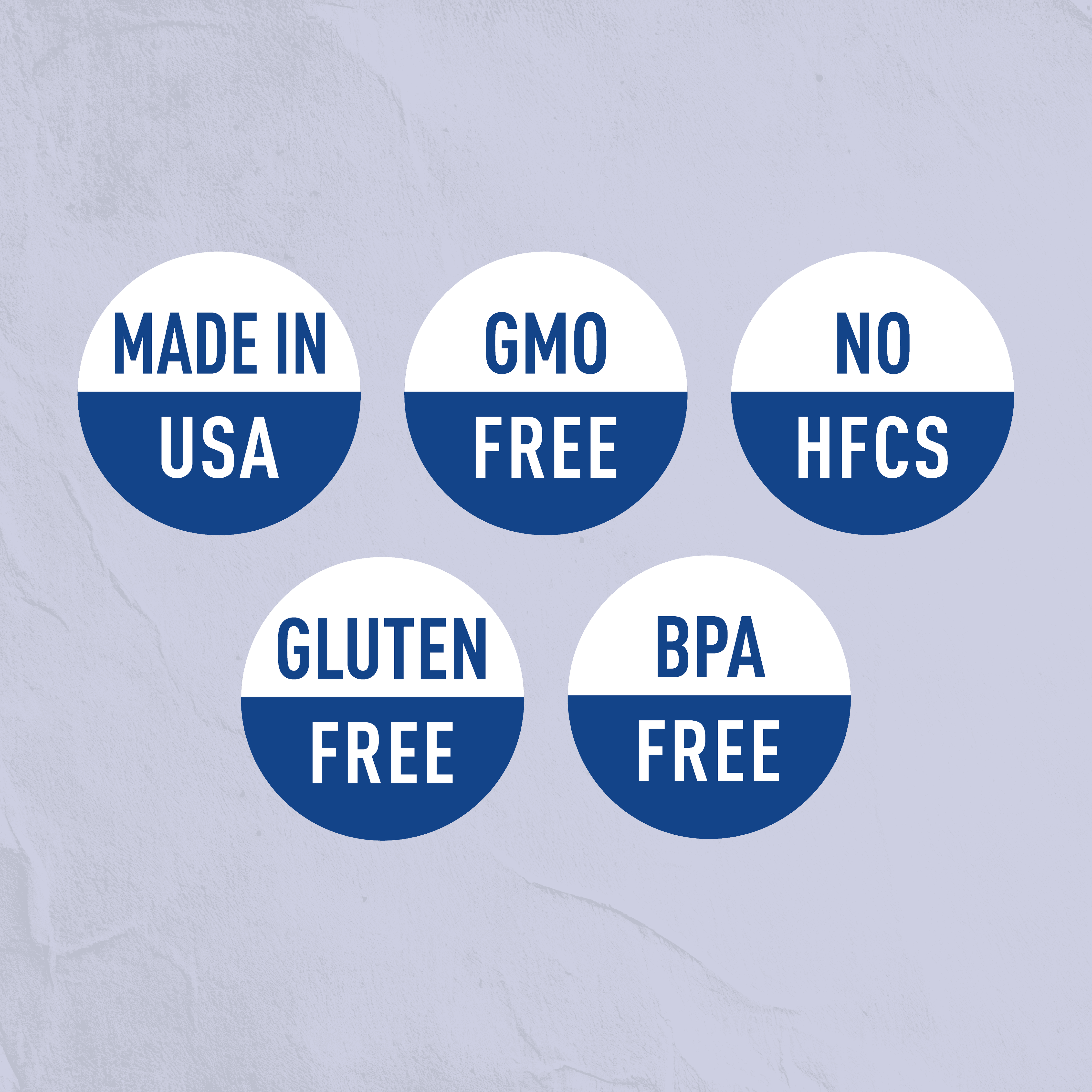 Label icons for made in USA, GMO free, no HFCS, gluten free, BPA free on light background
