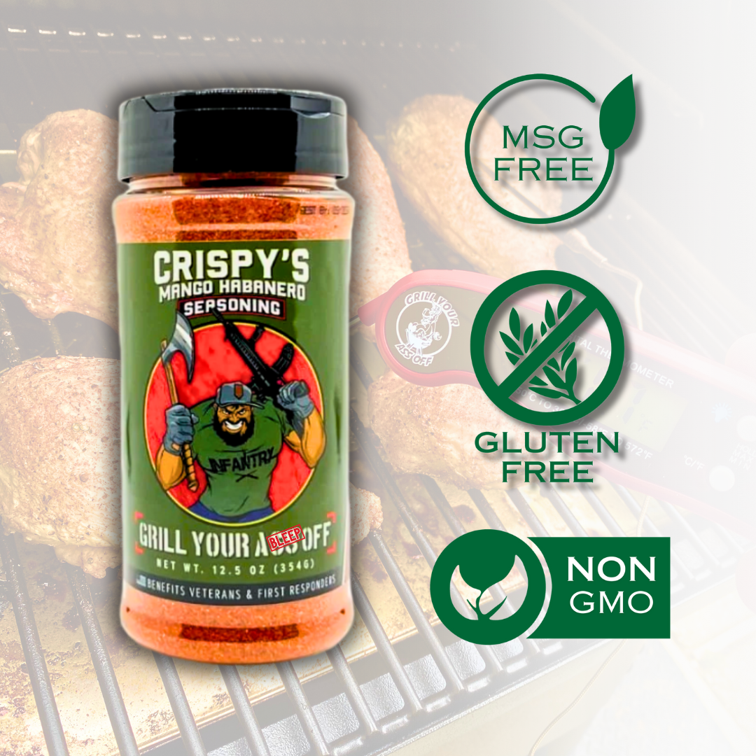 Crispy's Mango Habanero seasoning bottle on grill, MSG free, gluten free, non-GMO labels